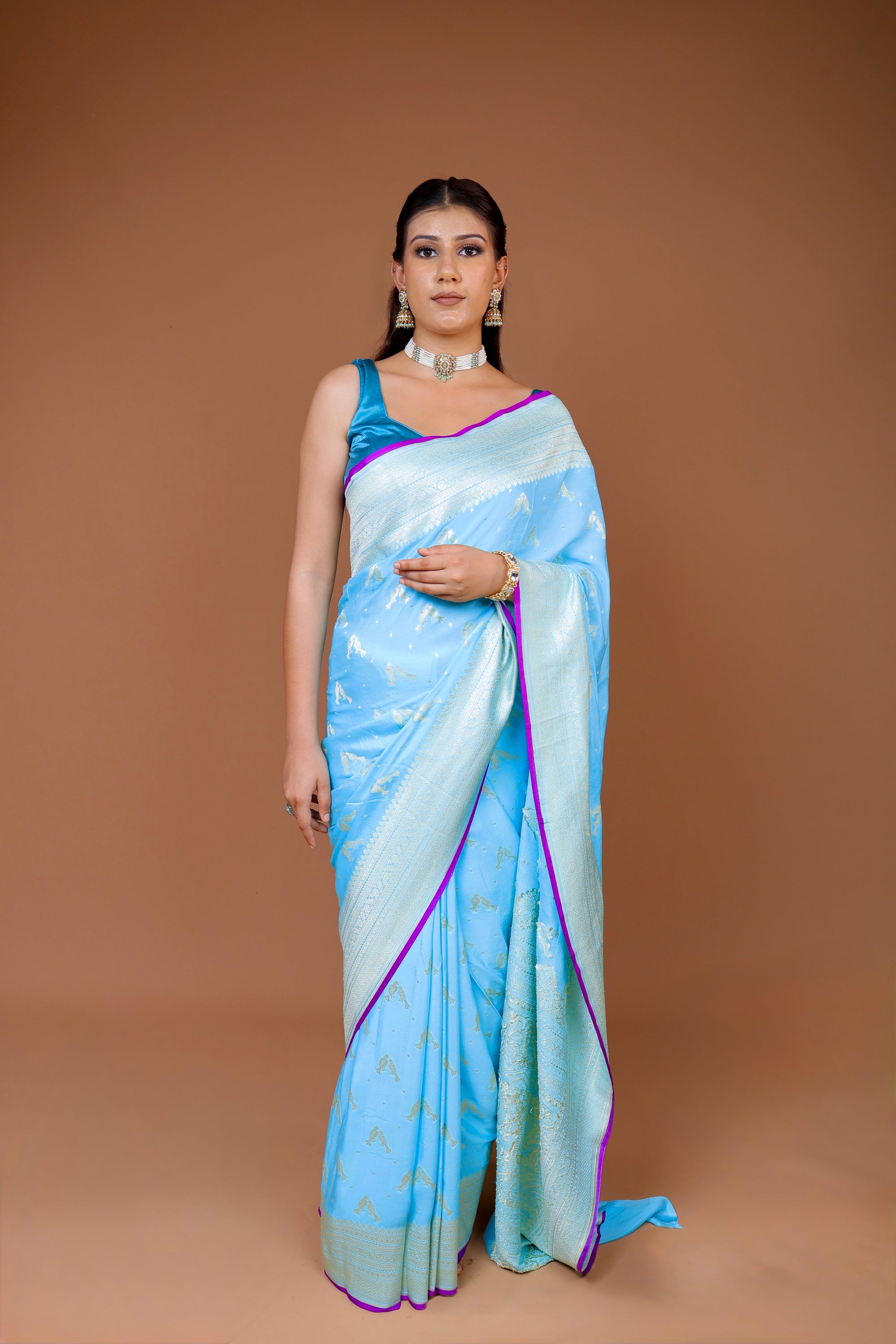 Banarasi Powder Blue Handwoven Crepe Georgette Sari