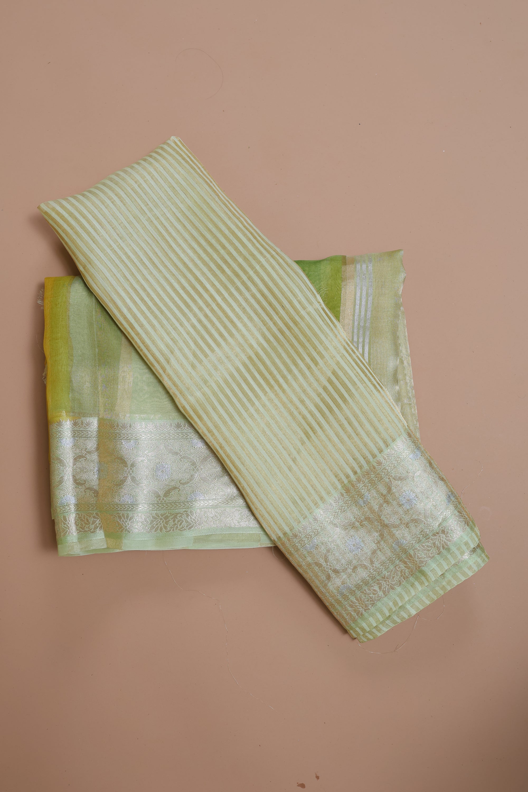 Pre-order Banarasi Green Handwoven Organza Sari With Vertical Stripes