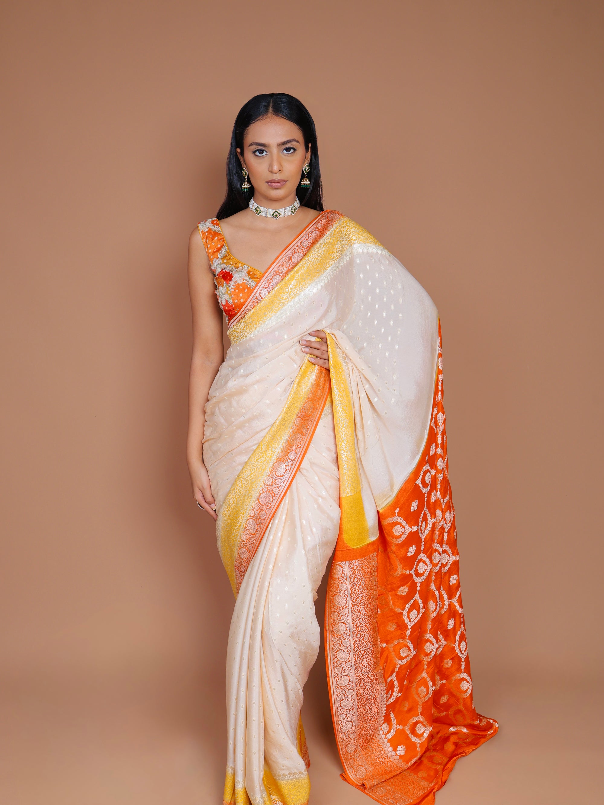 Banarasi Beige Handwoven Crepe Georgette Sari With Contrast Border