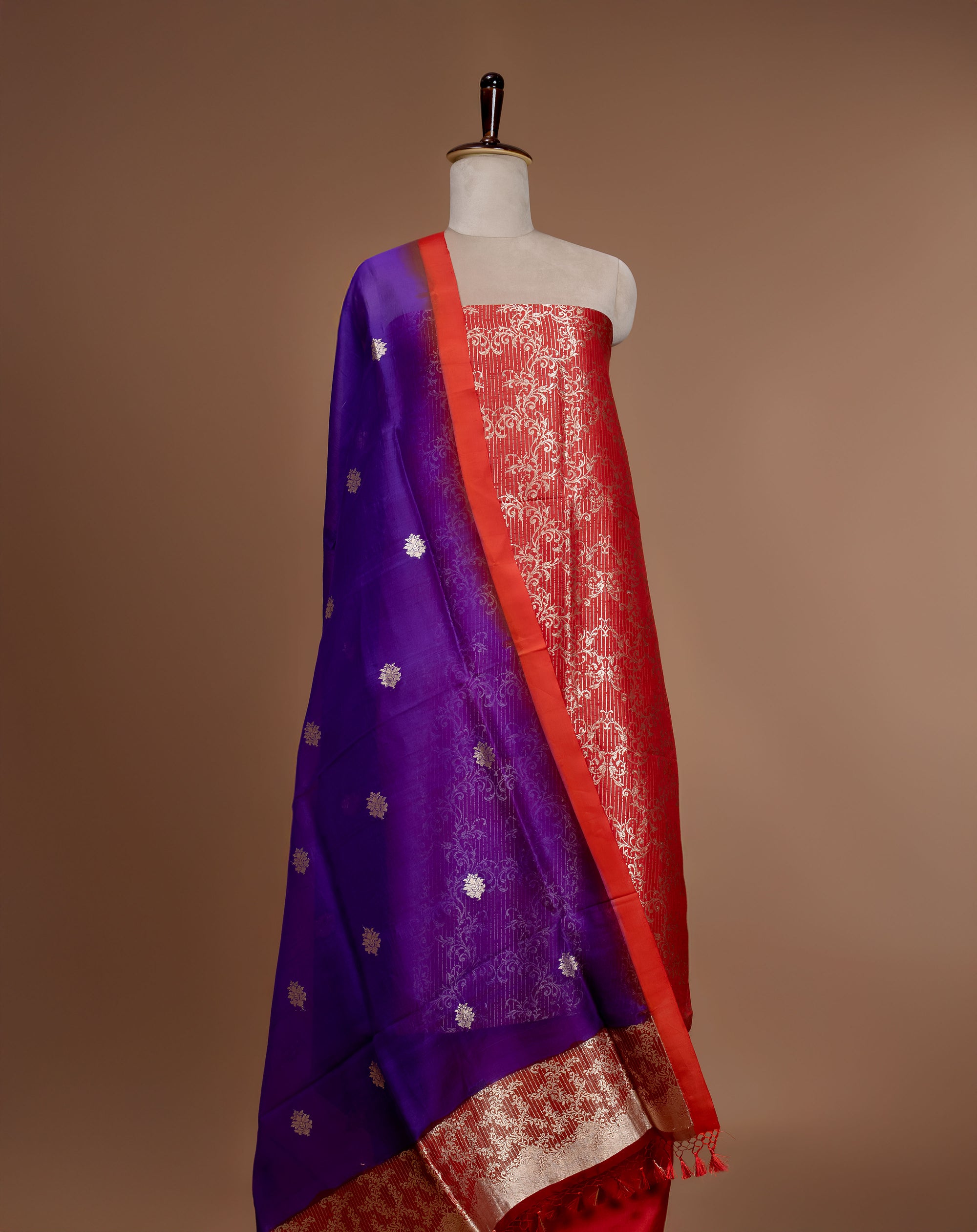 Banarasi Handwoven Silk Suit Fabric With Contrast Purple Coloured Organza Dupatta