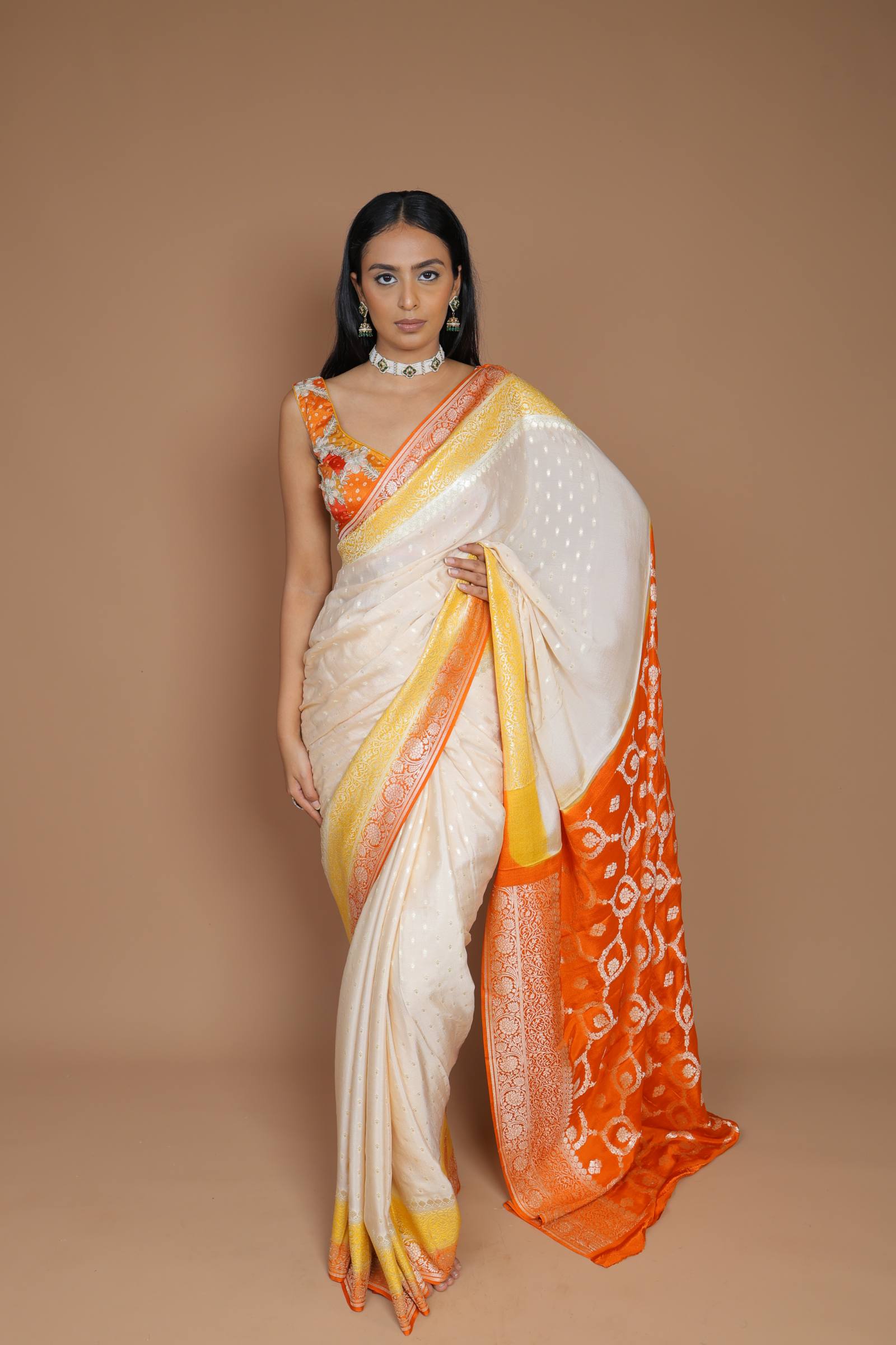 Banarasi Handwoven Crepe Georgette Sari With Contrast Border