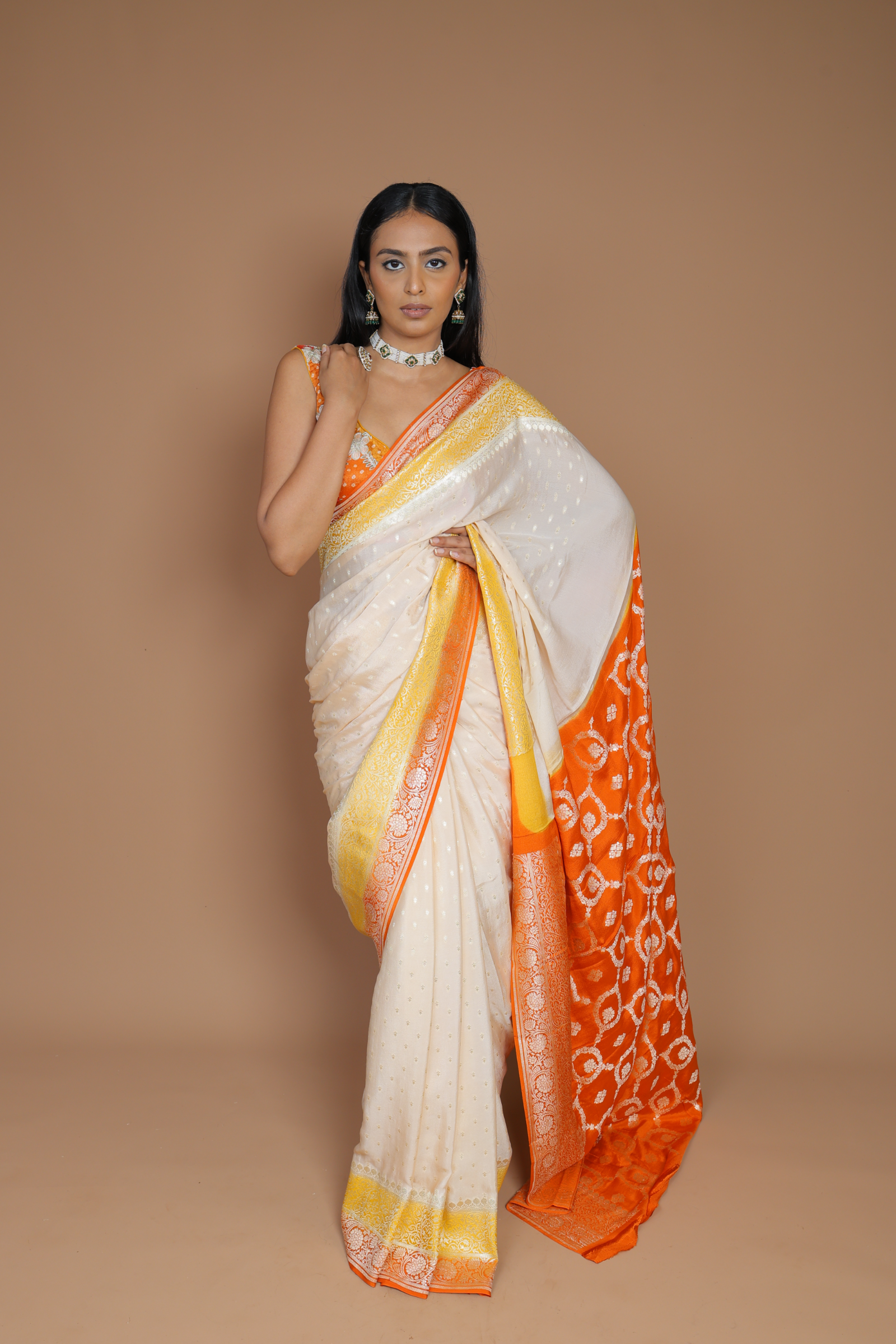 Banarasi Handwoven Crepe Georgette Sari With Contrast Border