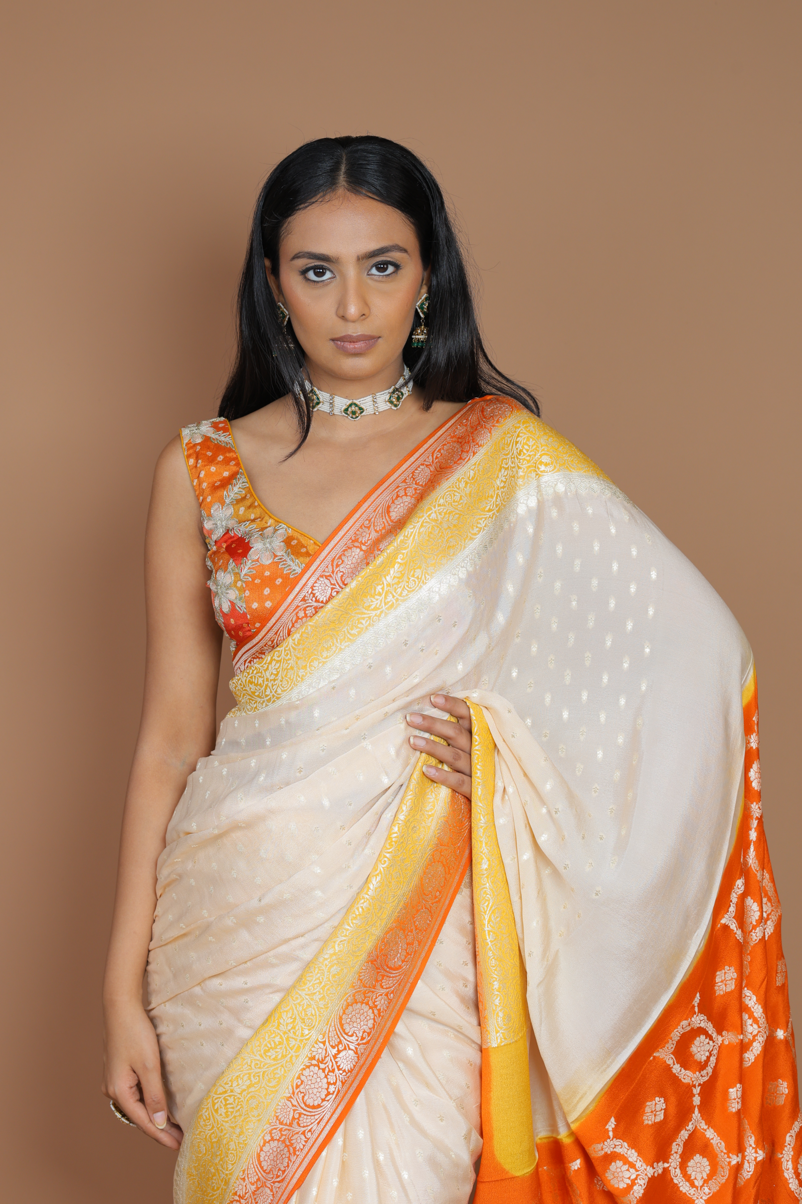 Banarasi Handwoven Crepe Georgette Sari With Contrast Border