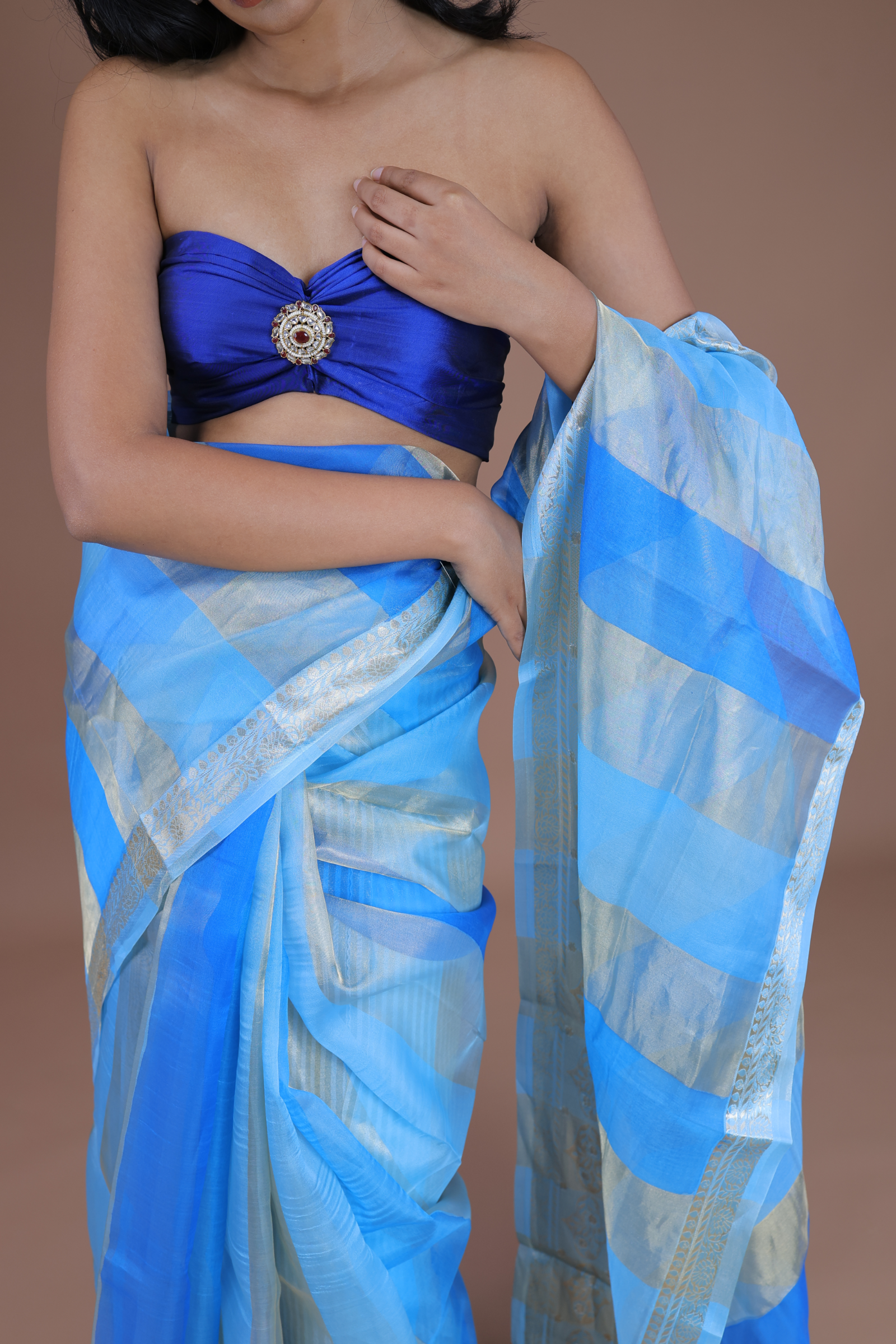 Banarasi Handwoven Tissue Organza Sari With Stripes