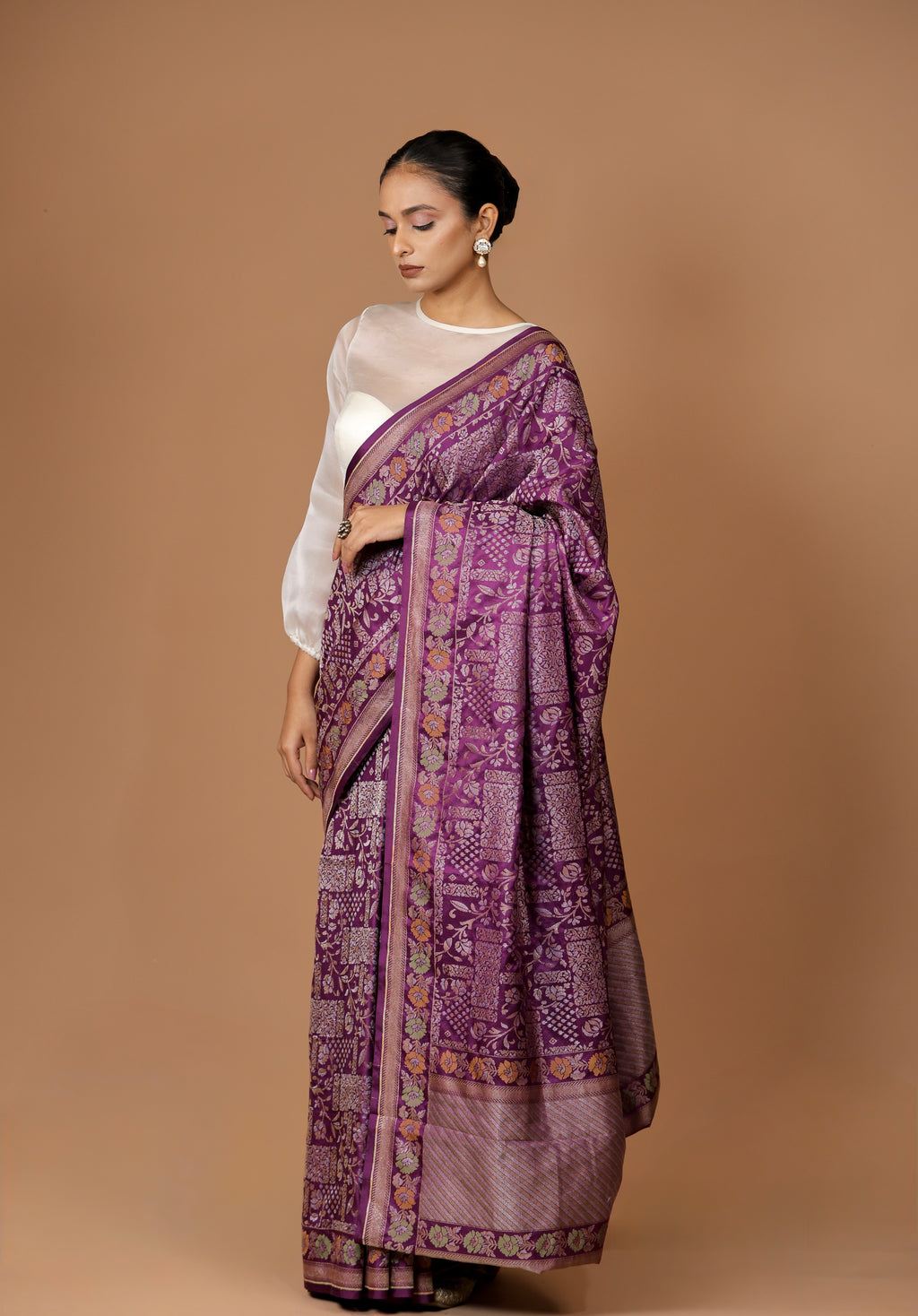 Regal Banarasi handwoven Purple Sona Rupa silk Meenakari Jamdani sari with opulent detailing and timeless grace.