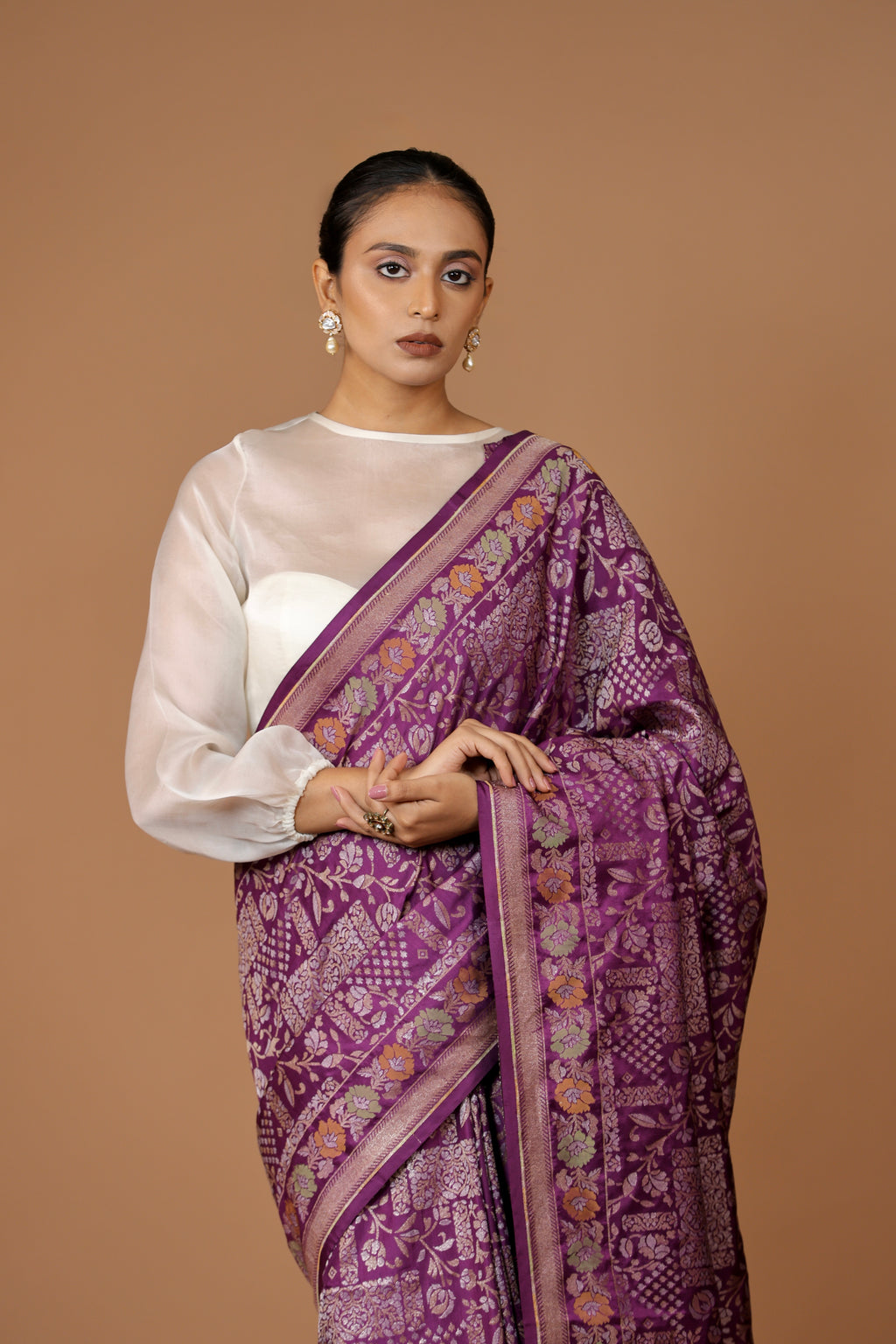 Regal Banarasi handwoven Purple Sona Rupa silk Meenakari Jamdani sari with opulent detailing and timeless grace.