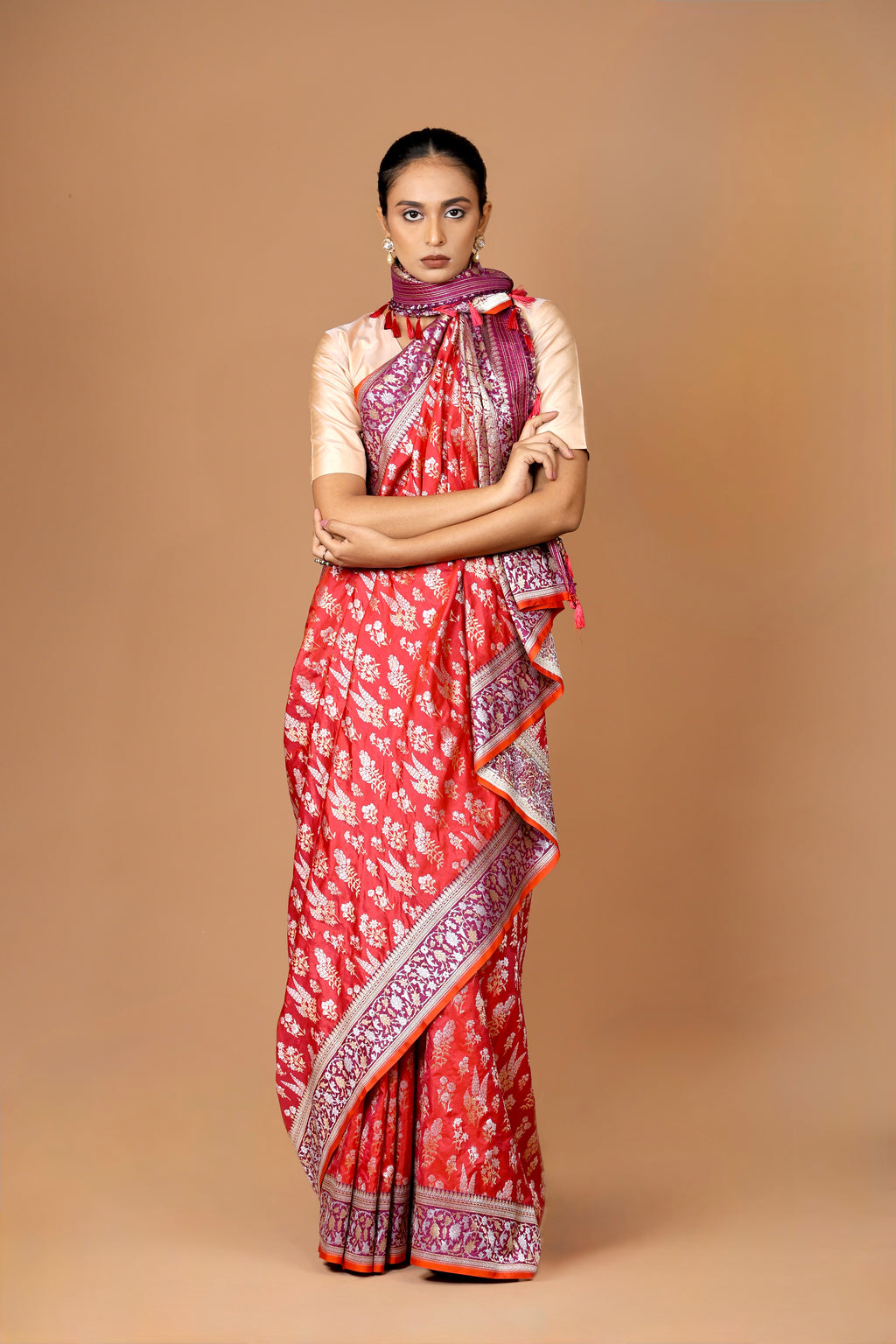 Banarasi Handwoven Red Silk Sona Rupa Sari with Ganga-Jamuna Contrast Border