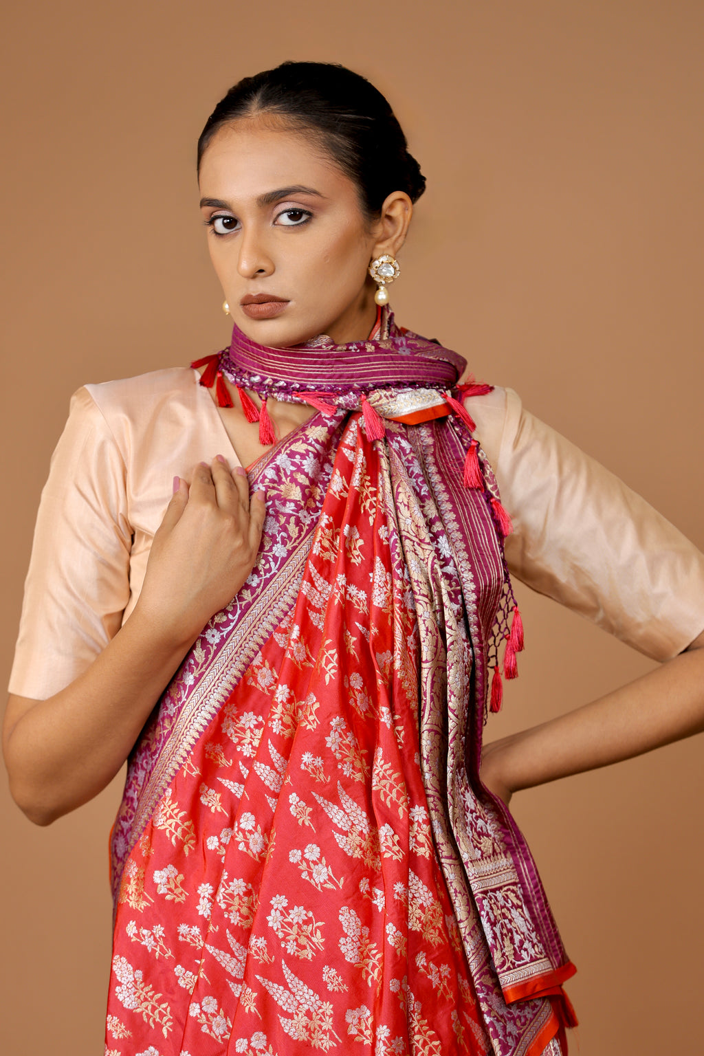 Banarasi Handwoven Red Silk Sona Rupa Sari with Ganga-Jamuna Contrast Border