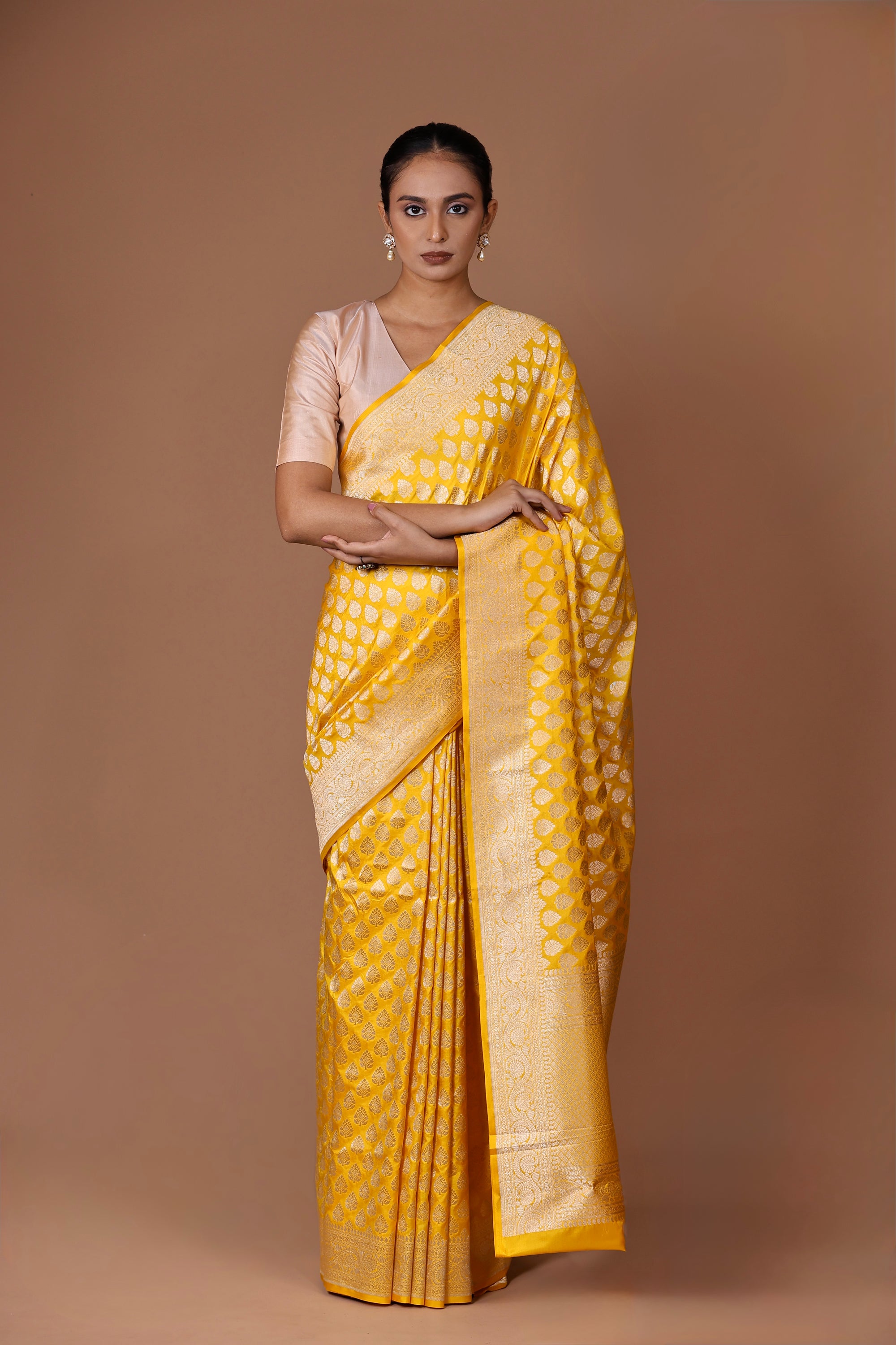 Banarasi Handwoven Alfi Booti Yellow silk sari