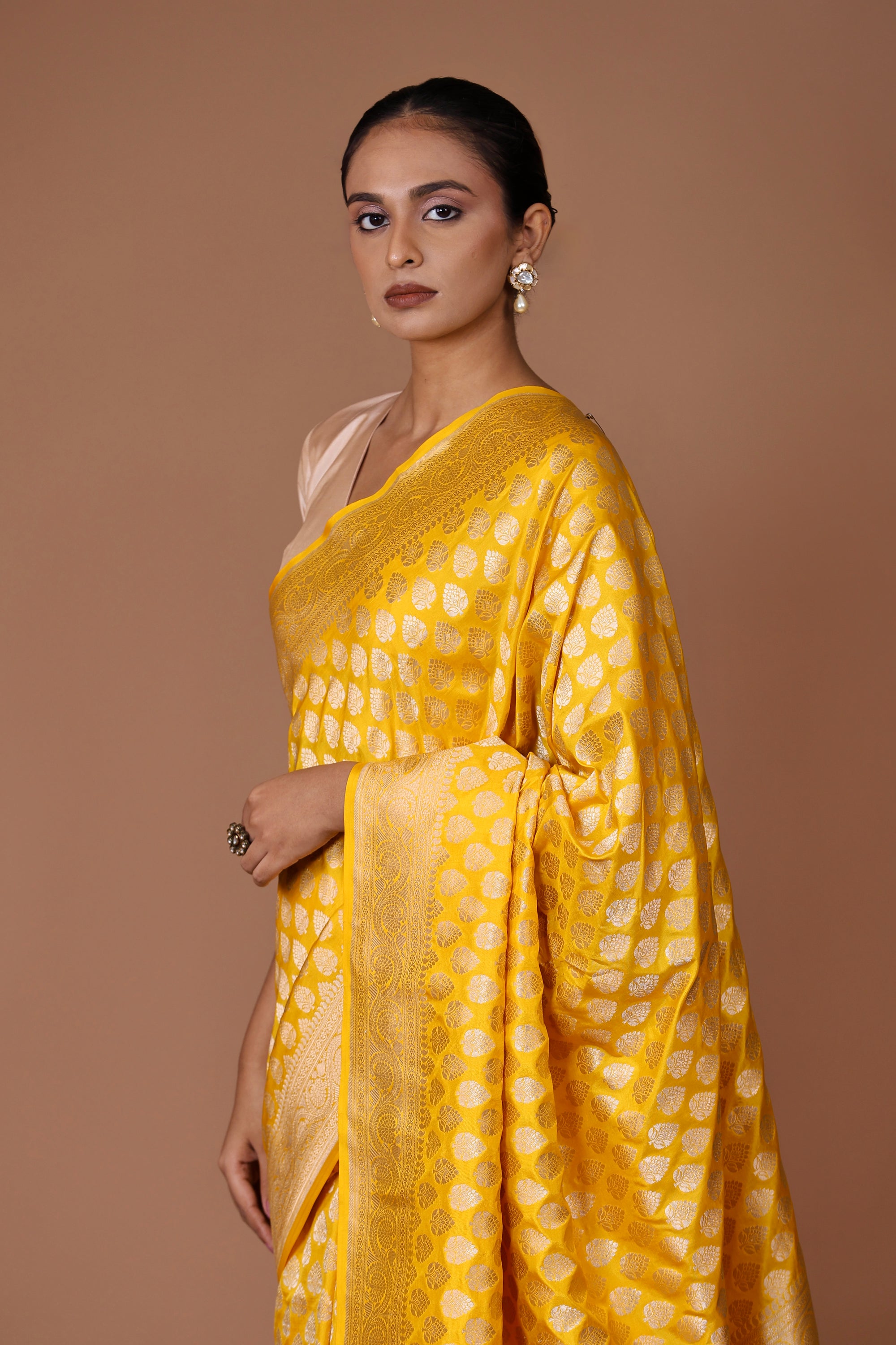 Banarasi Handwoven Alfi Booti Yellow silk sari