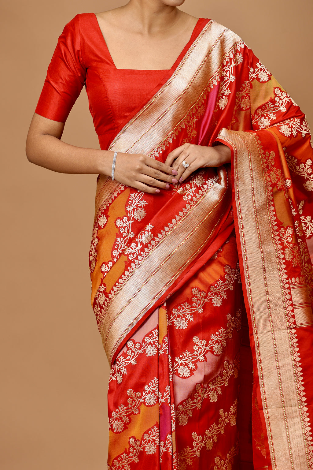 Banarasi Handwoven Red-Orange-Peach Kadwa Rangkat Silk Sari