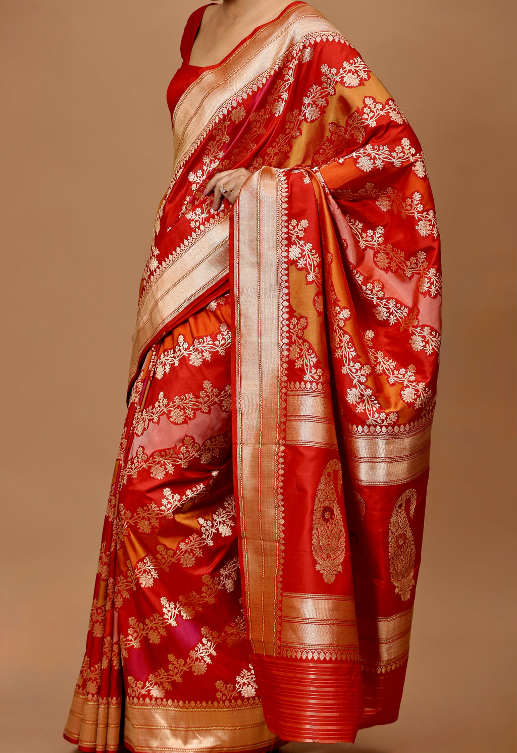 Banarasi Handwoven Red-Orange-Peach Kadwa Rangkat Silk Sari