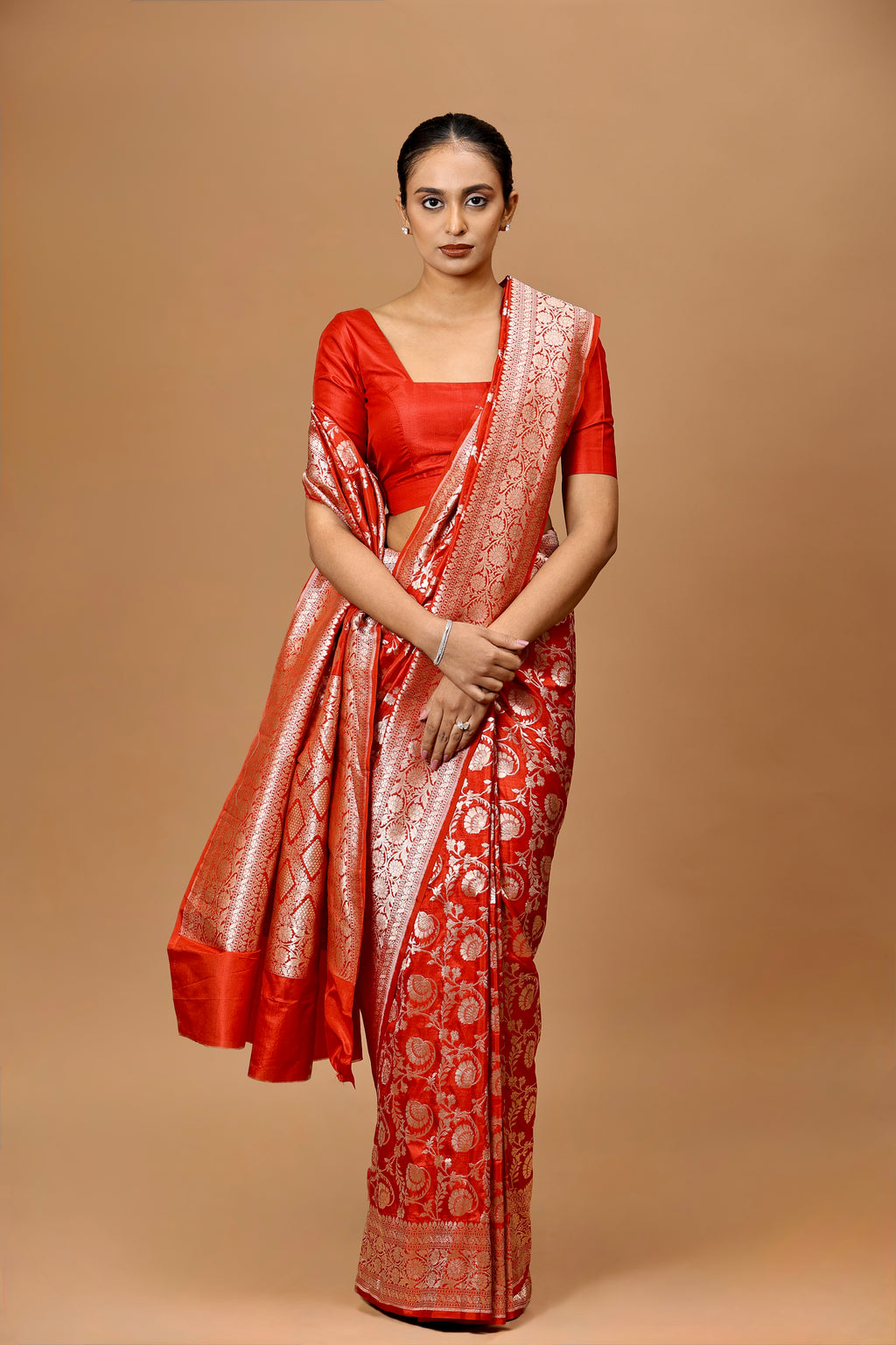 Banarasi Handwoven Red Silk Jaal Sari