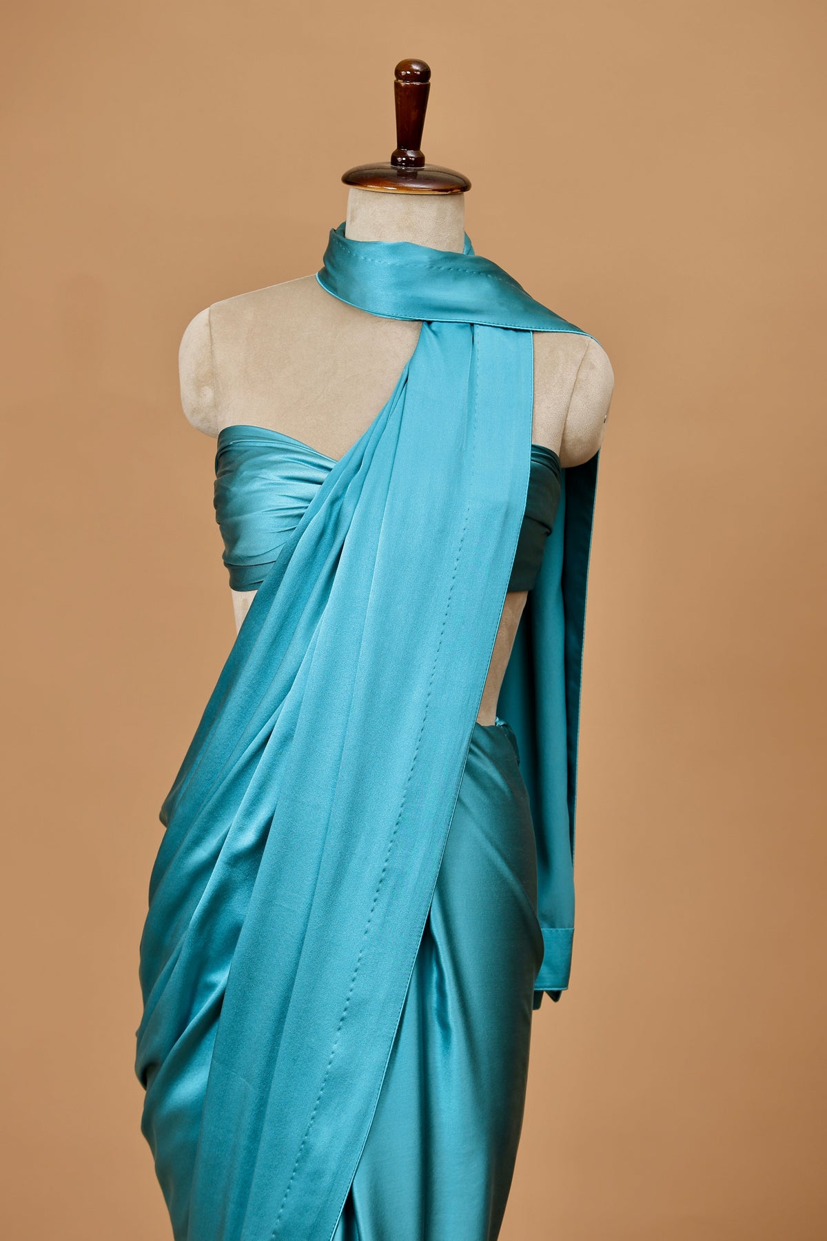 Handwoven Teal Blue Satin Silk Sari