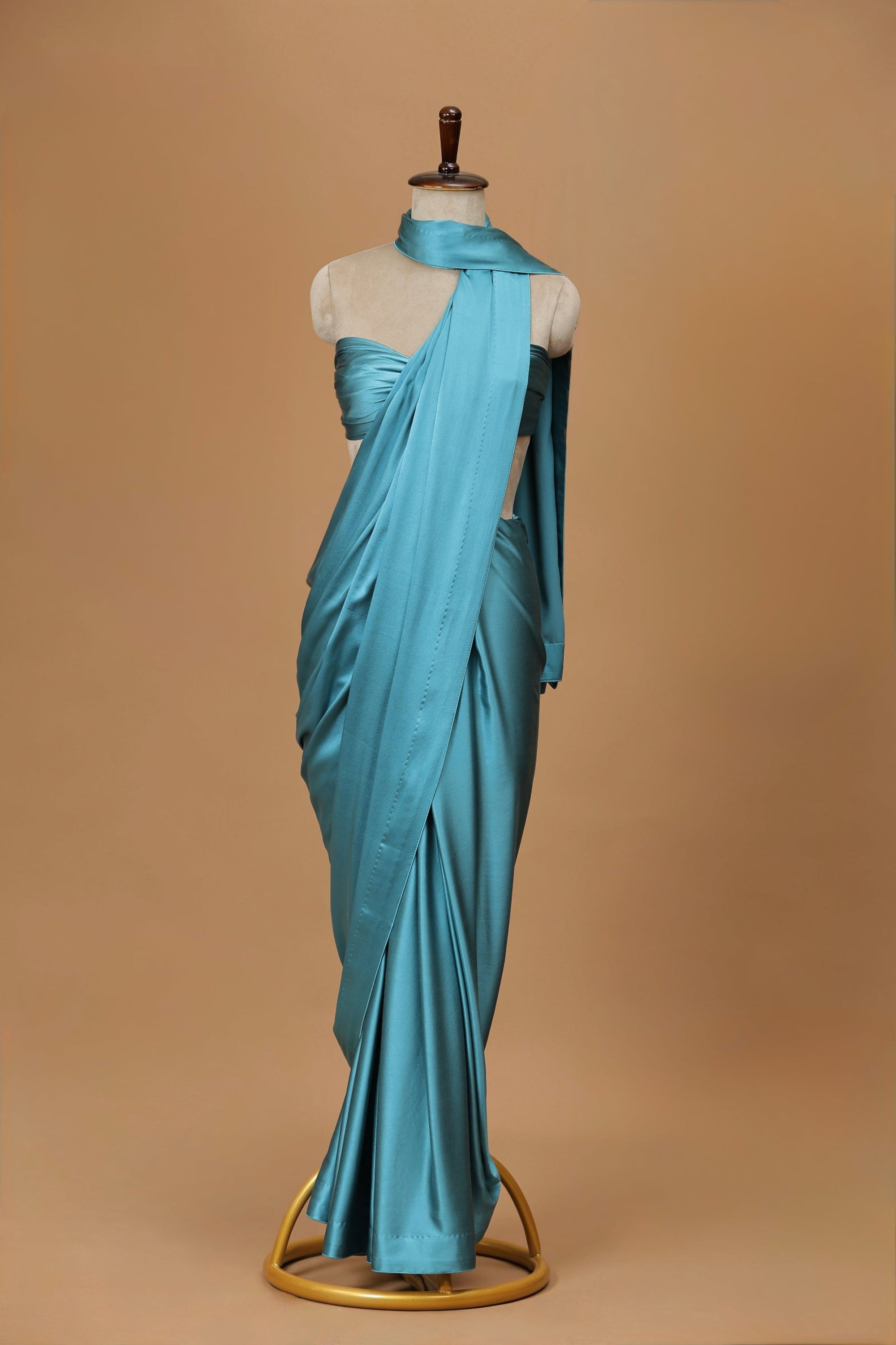 Handwoven Teal Blue Satin Silk Sari