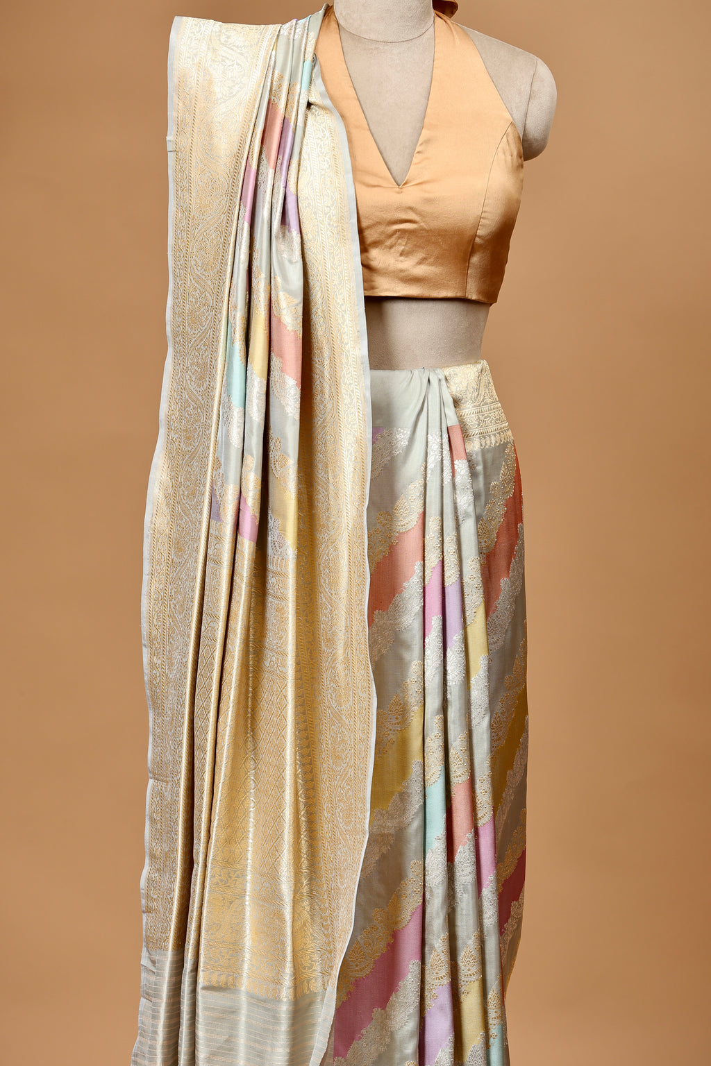 Banarasi Handwoven Rangkat Silk Sari in Pastel Shades