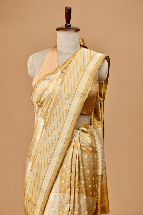 Elegant Banarasi Silk Sari in Golden-Beige with Zari Checks and Classic Motifs