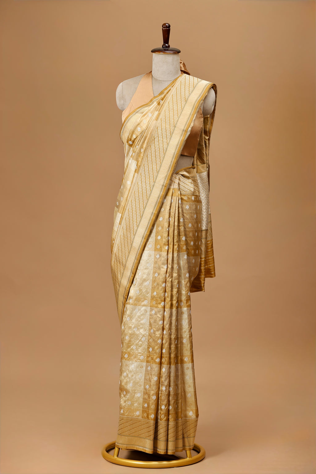 Elegant Banarasi Silk Sari in Golden-Beige with Zari Checks and Classic Motifs