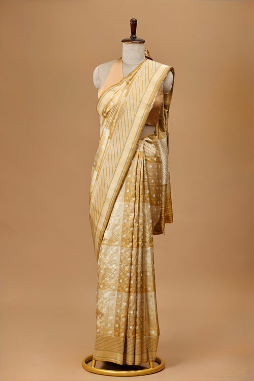 Elegant Banarasi Silk Sari in Golden-Beige with Zari Checks and Classic Motifs
