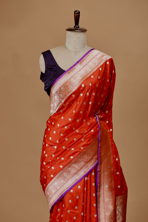 Classic Banarasi Red Silk Sari Handwoven with Delicate Zari Motifs