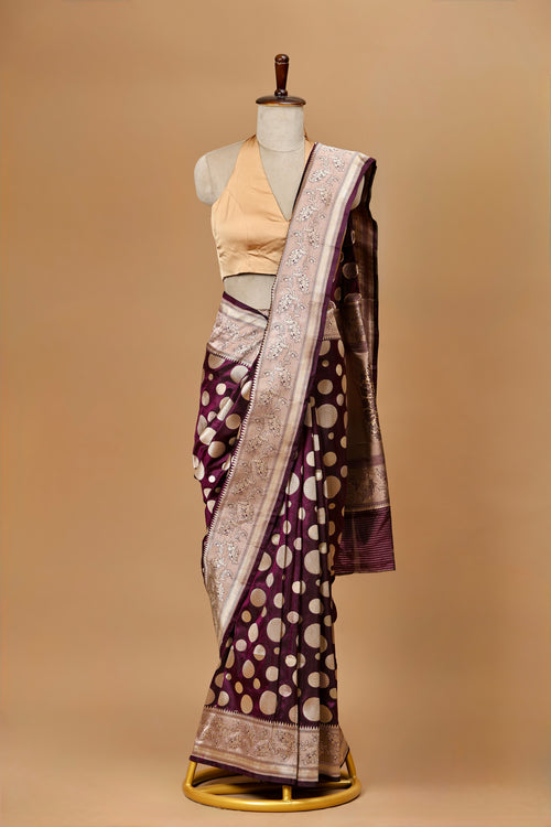 Banarasi Handwoven Purple Silk Sari with Bold Zari Polkas and Ornate Borders