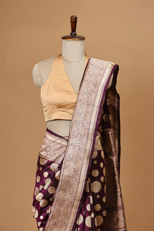 Banarasi Handwoven Purple Silk Sari with Bold Zari Polkas and Ornate Borders