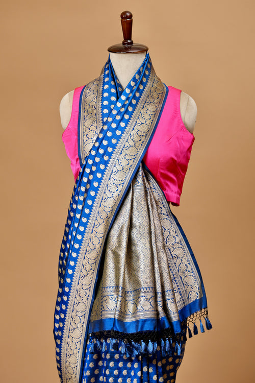 Banarasi Handwoven Blue Silk Sari Adorned with Intricate Paisley Motifs in Zari