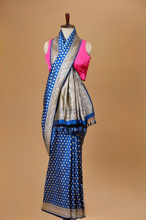 Banarasi Handwoven Blue Silk Sari Adorned with Intricate Paisley Motifs in Zari
