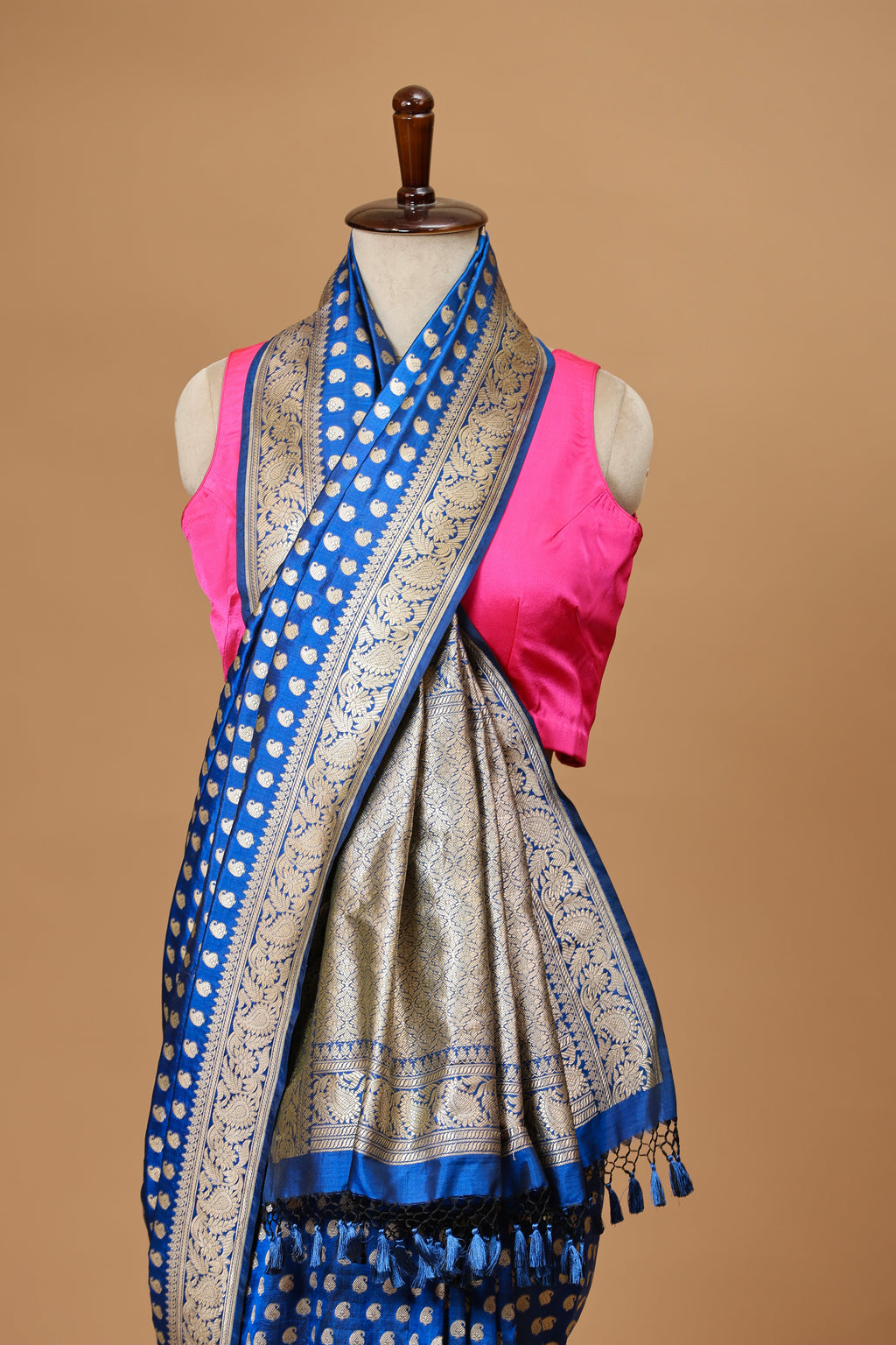 Banarasi Handwoven Blue Silk Sari Adorned with Intricate Paisley Motifs in Zari
