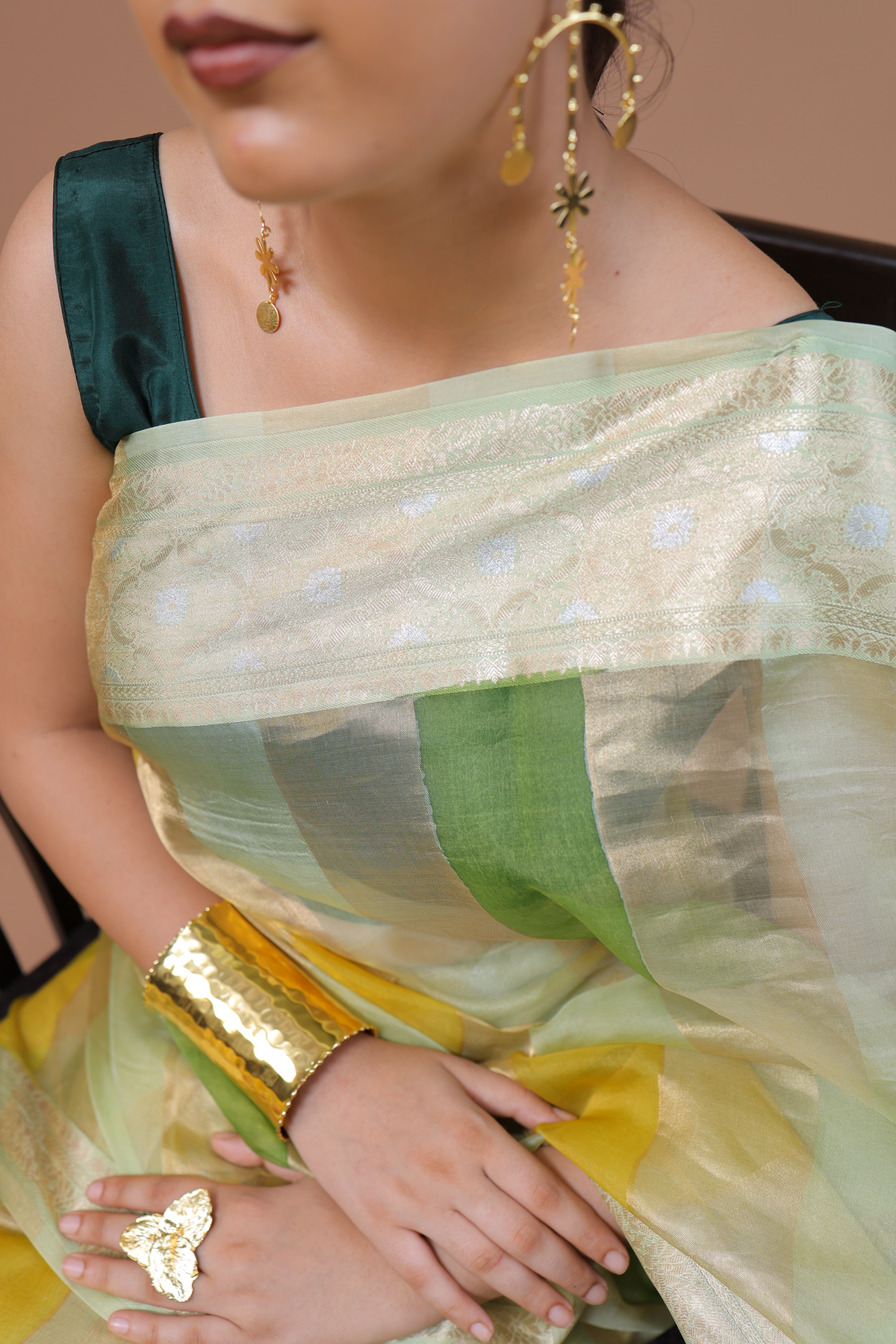 Pre-order Banarasi Green Handwoven Organza Sari With Vertical Stripes