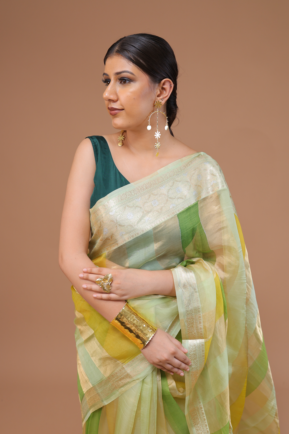Pre-order Banarasi Green Handwoven Organza Sari With Vertical Stripes