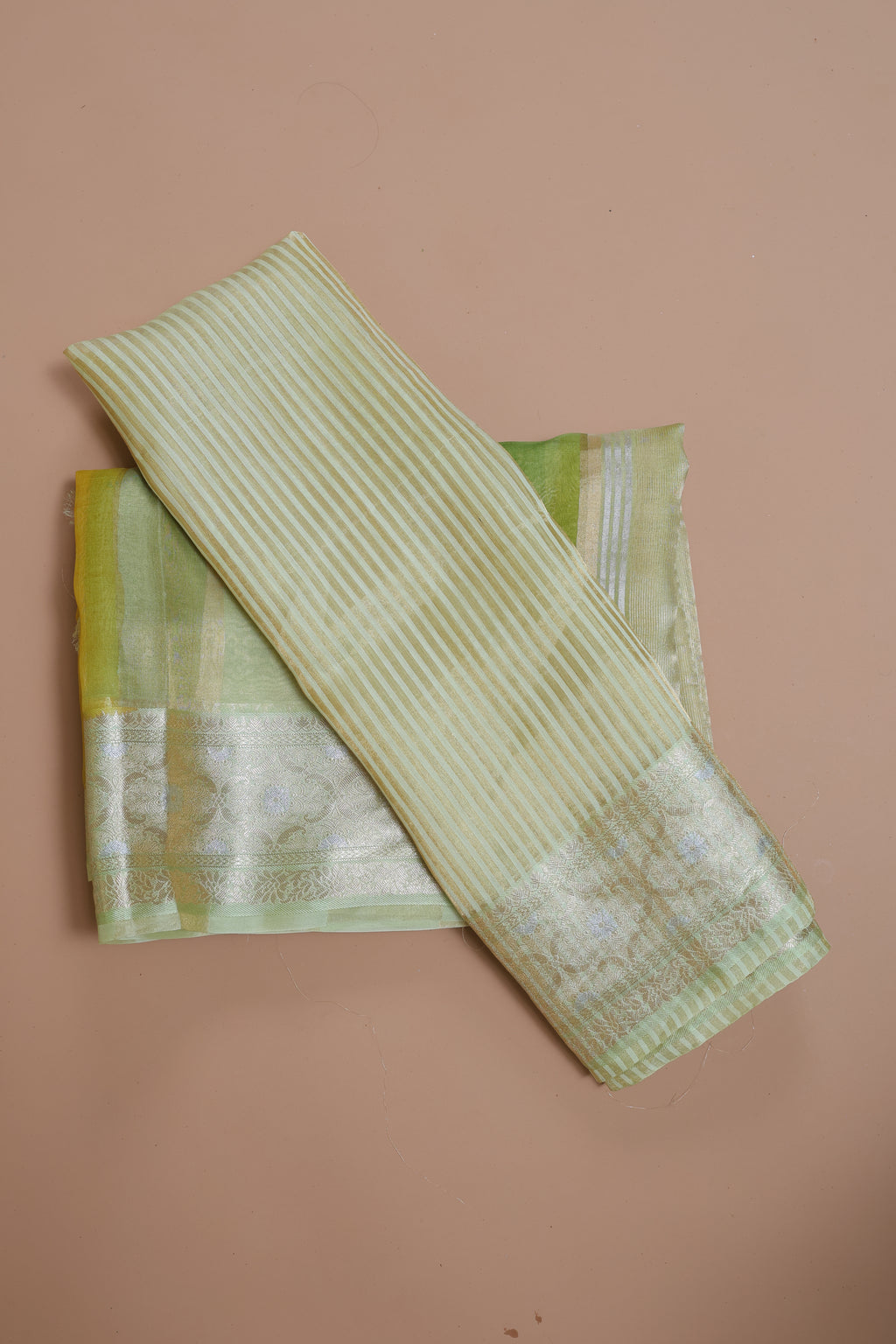 Pre-order Banarasi Green Handwoven Organza Sari With Vertical Stripes