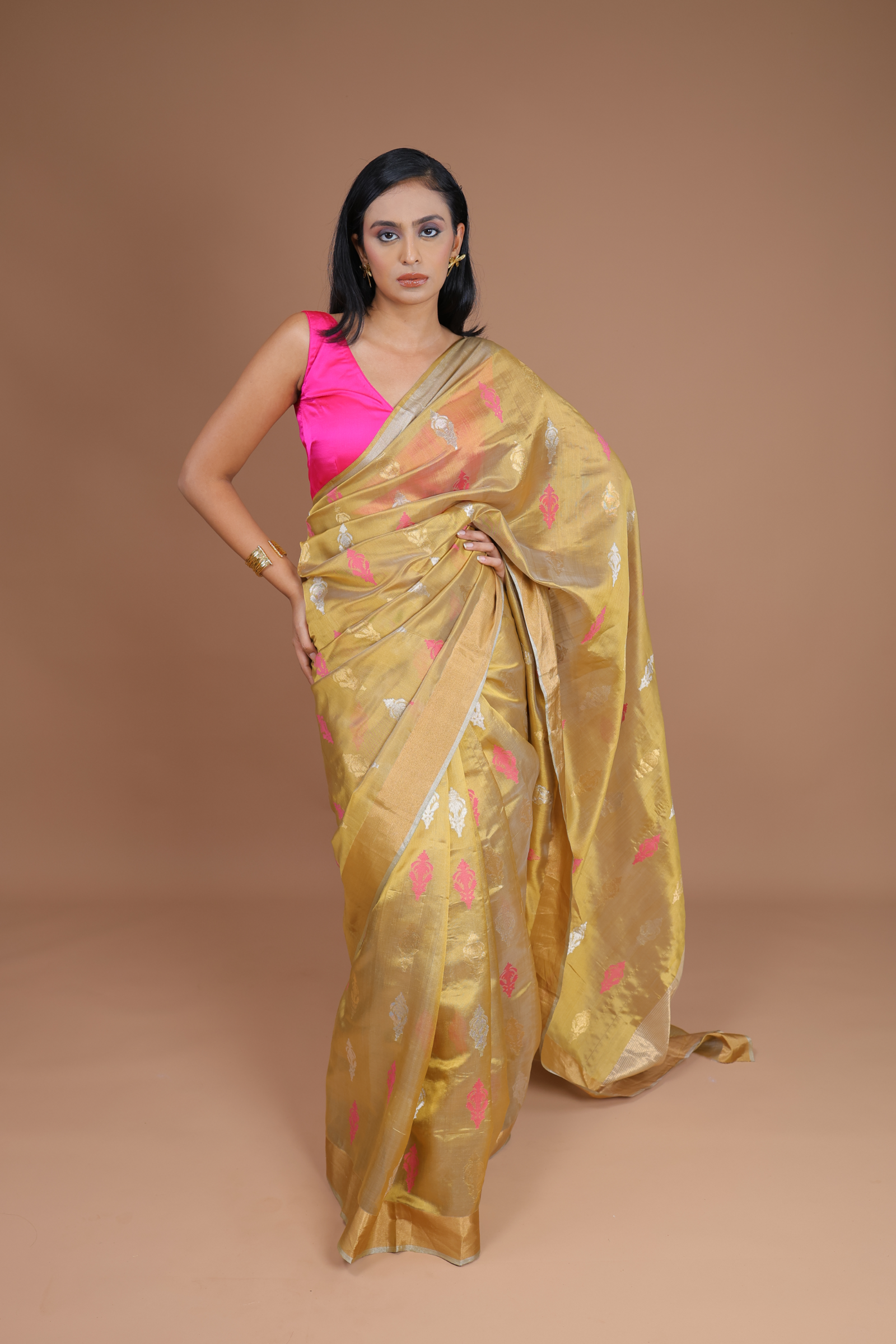 Handwoven Tissue Silk, Meenakari Sari With Kadwa Weave
