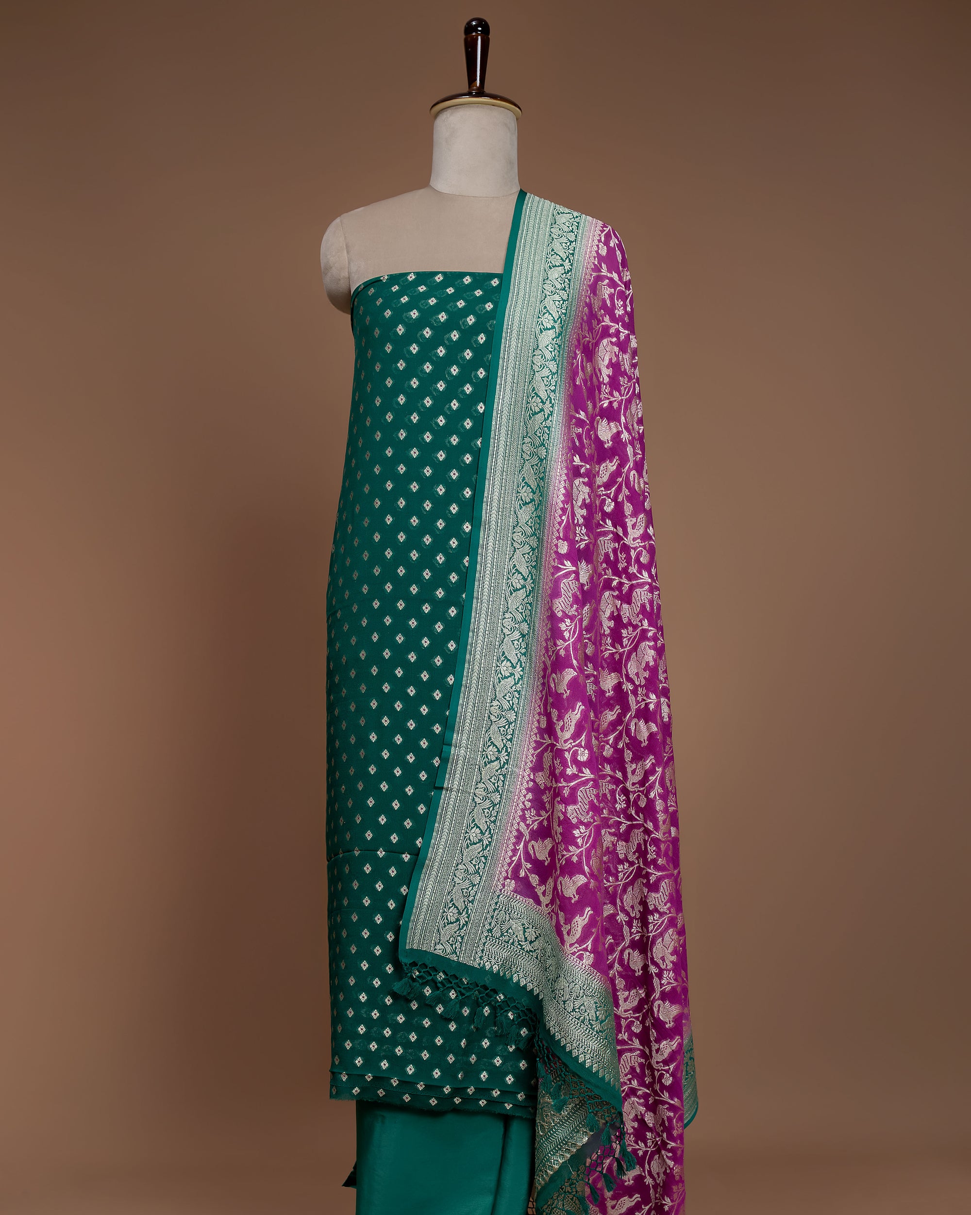 Banarasi Handwoven Georgette Suit Fabric With Contrast Shikargah Dupatta