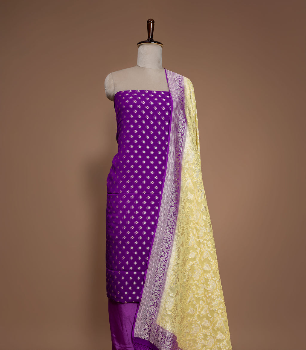 Banarasi Handwoven Georgette Suit Fabric With Contrast Shikargah Dupatta
