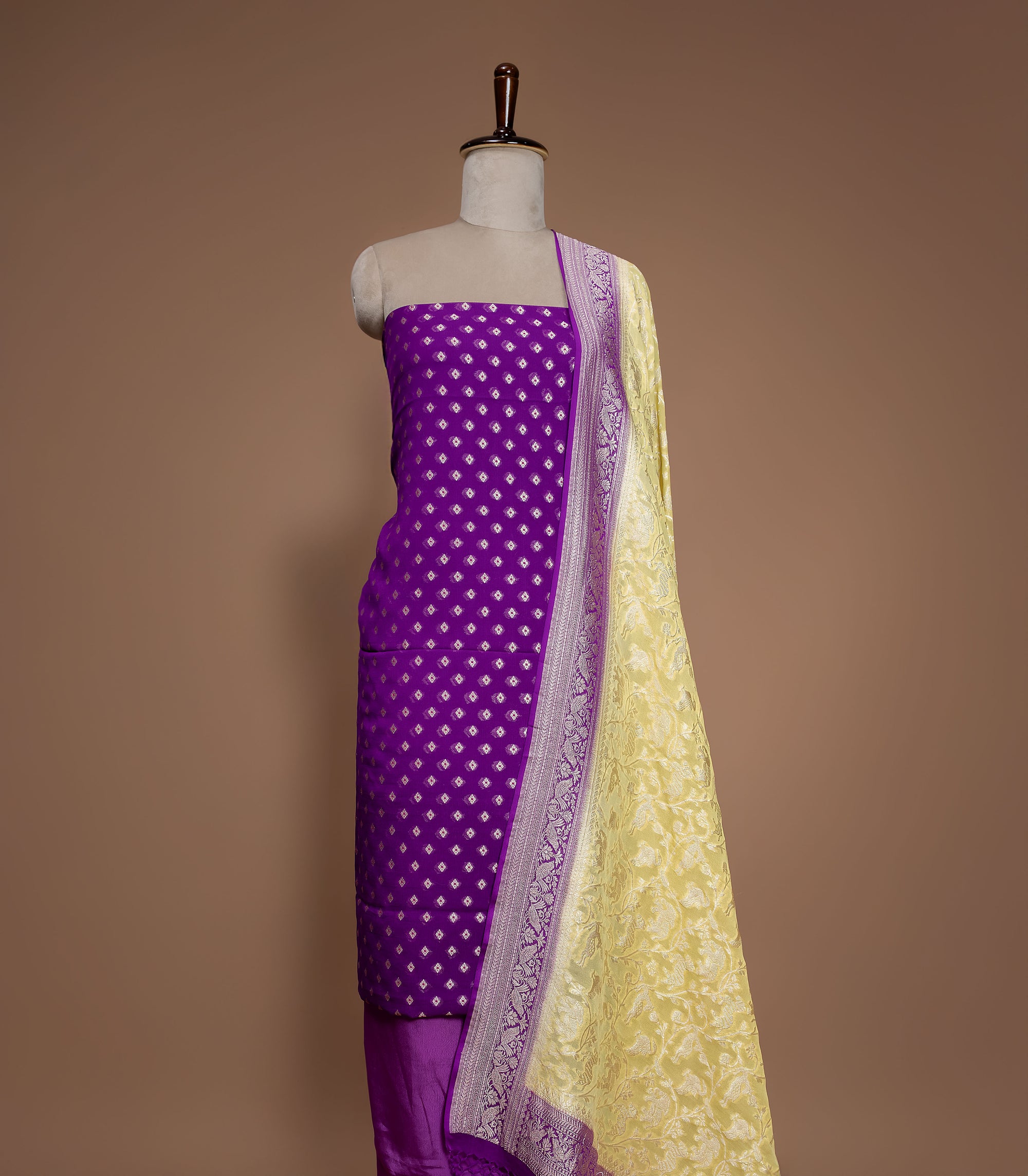 Banarasi Handwoven Georgette Suit Fabric With Contrast Shikargah Dupatta