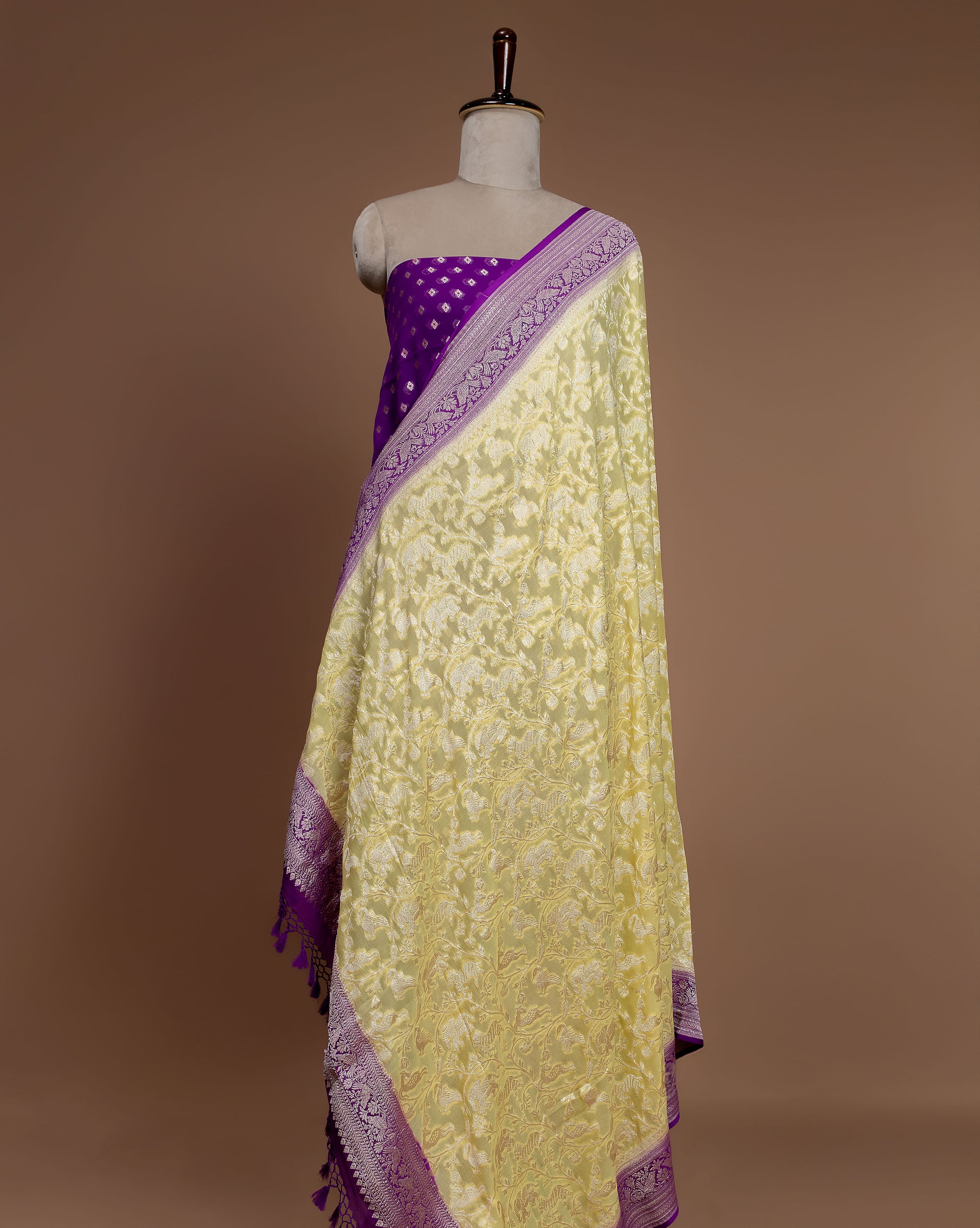 Banarasi Handwoven Georgette Suit Fabric With Contrast Shikargah Dupatta