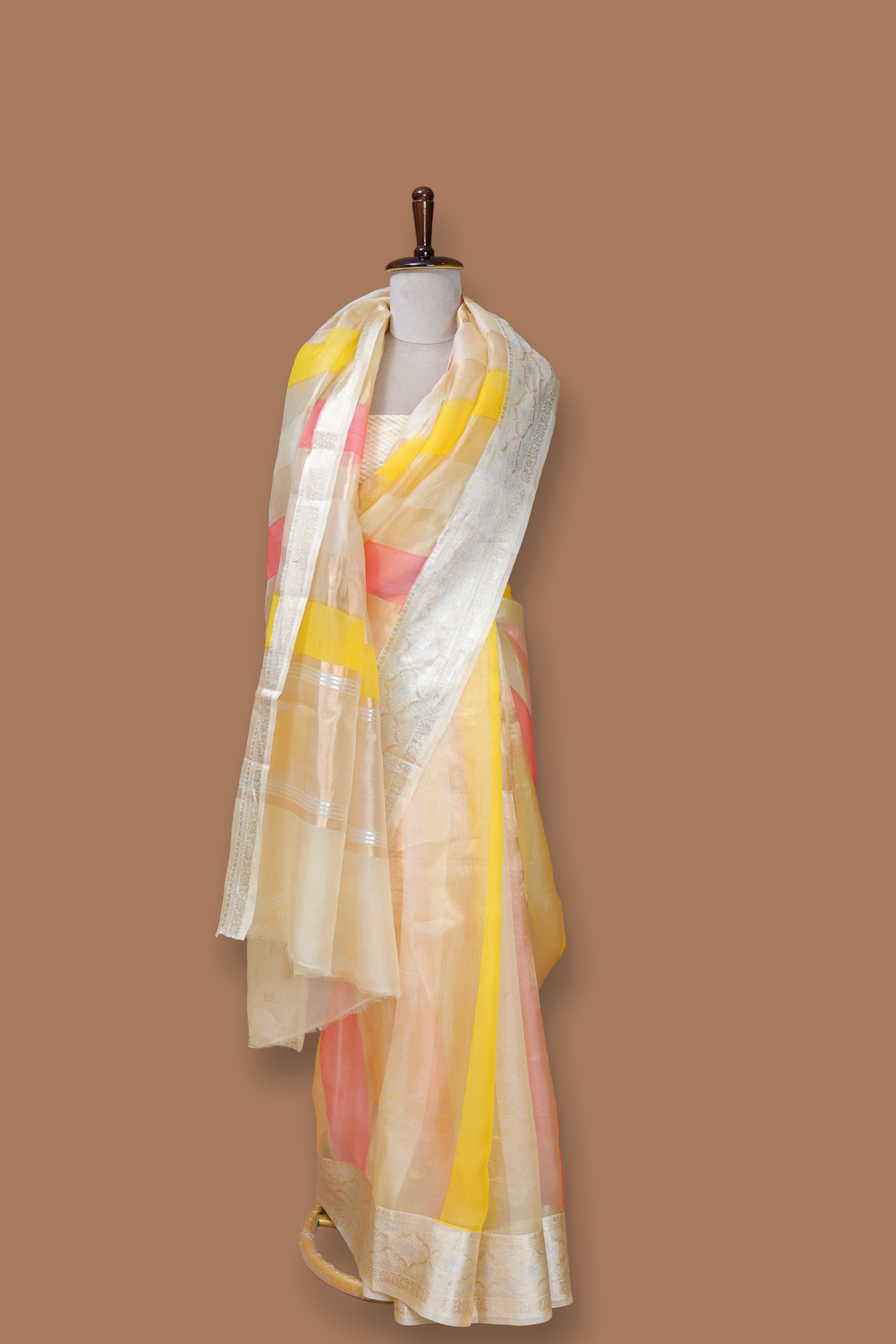 Pre-order Banarasi Multicolor Handwoven Organza Sari With Stripes