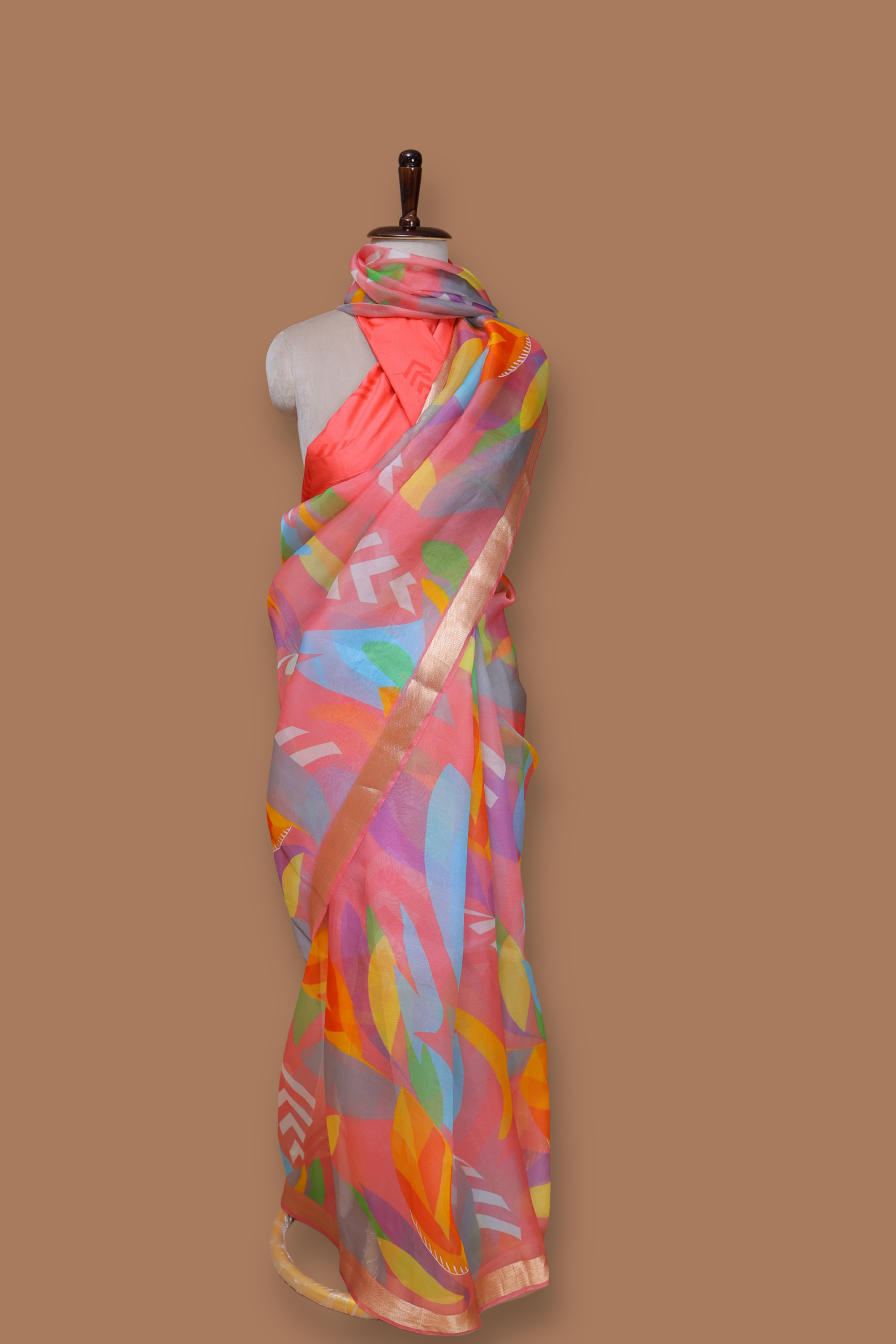 Digital Printed Multicolor Sari On Handwoven Organza