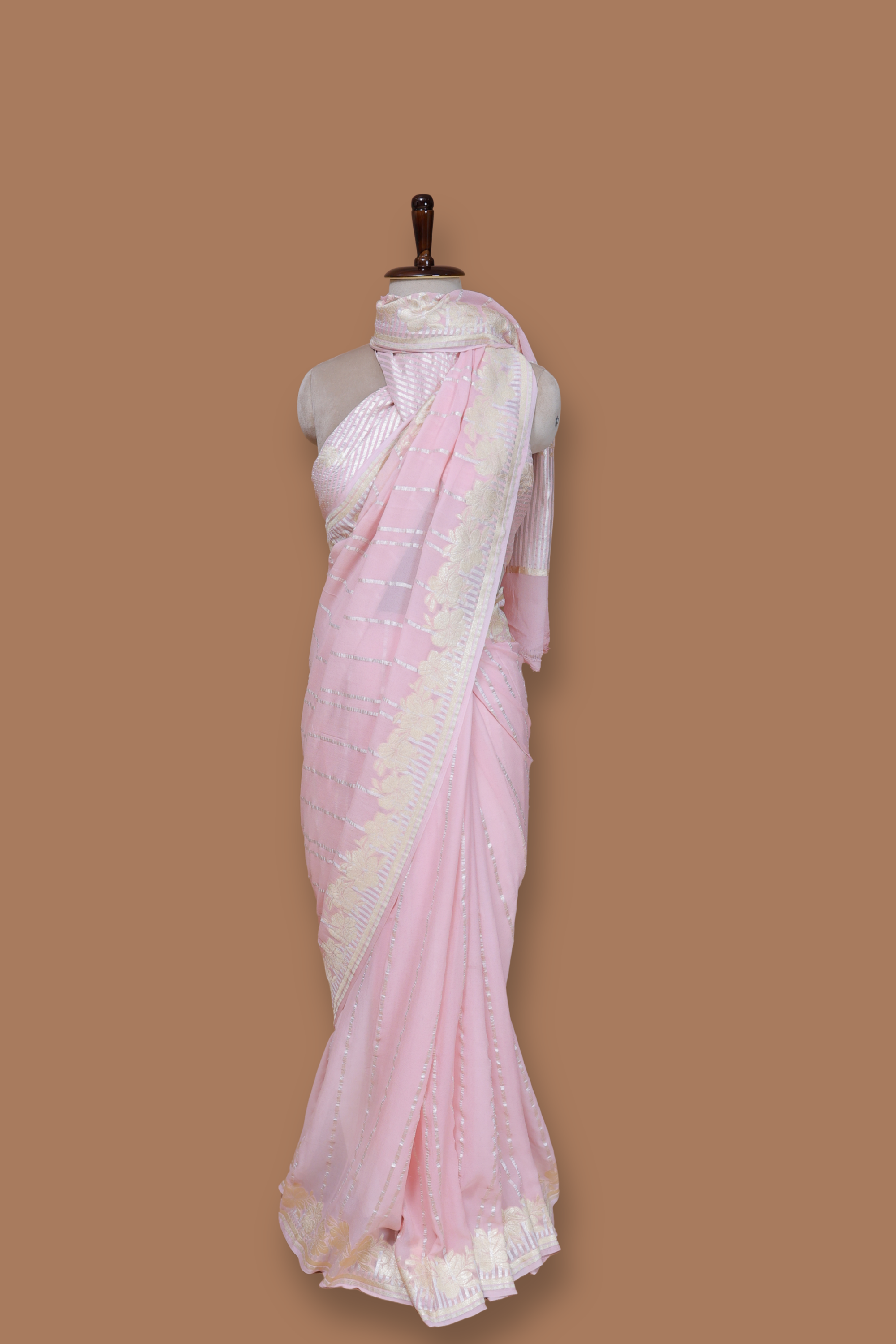 Pre-order Banarasi Powder Pink Handwoven Khaddi Georgette Sari