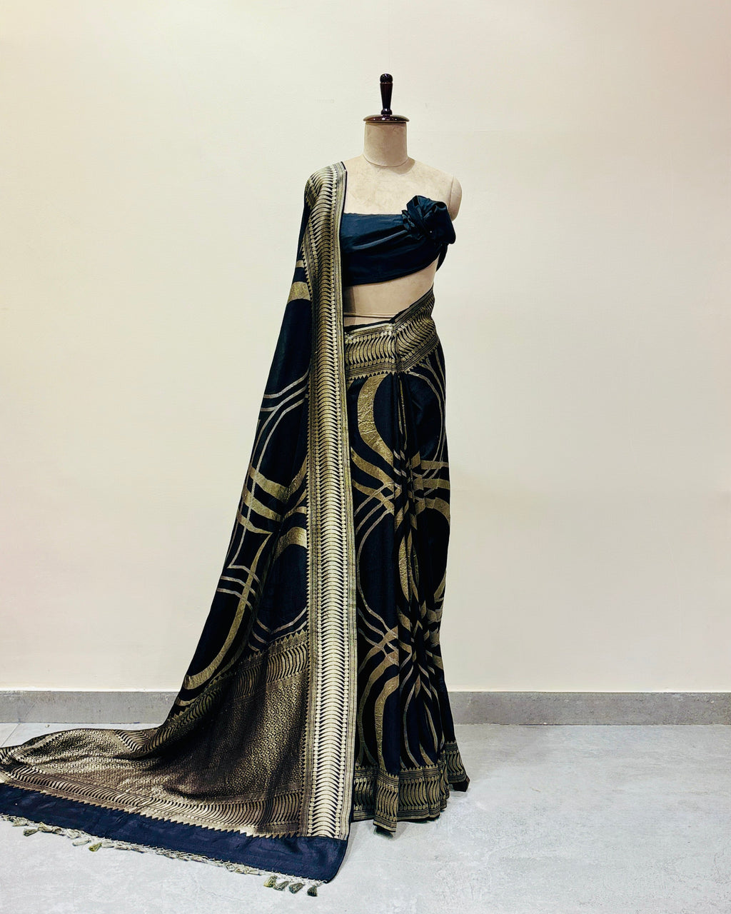Black handwoven contemporary Muga Georgette saree