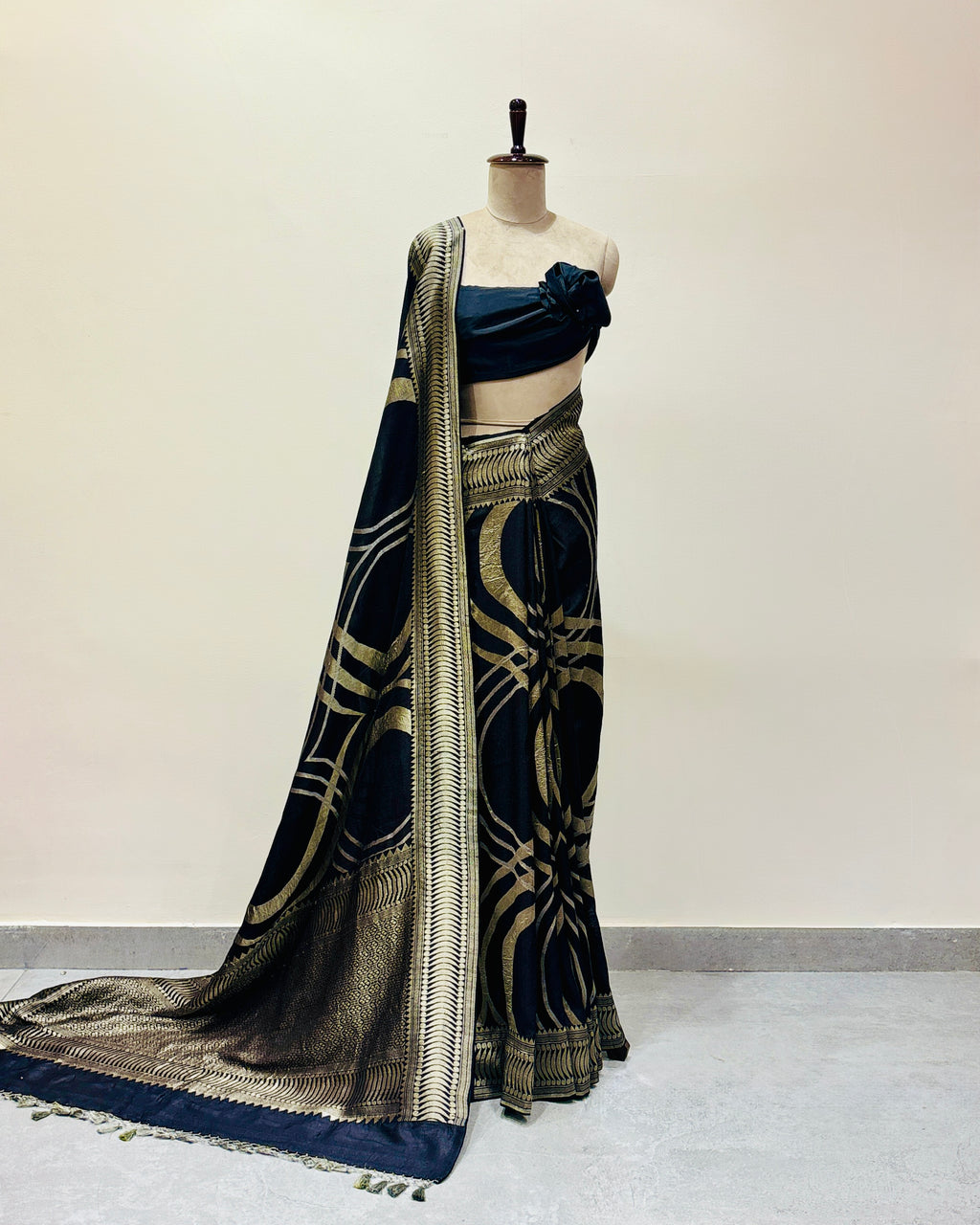 Our signature Black handwoven contemporary Muga Georgette saree