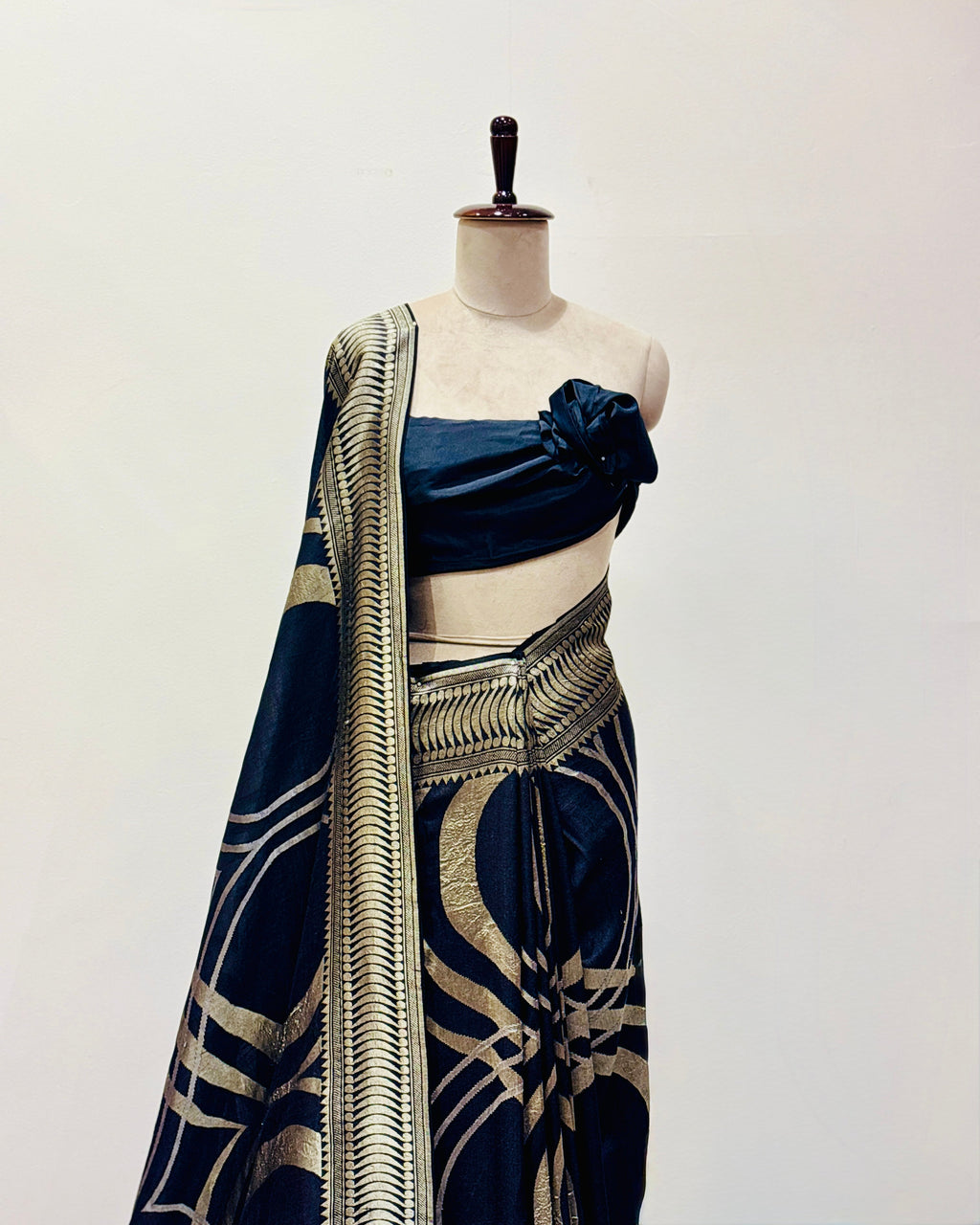 Black handwoven contemporary Muga Georgette saree detail