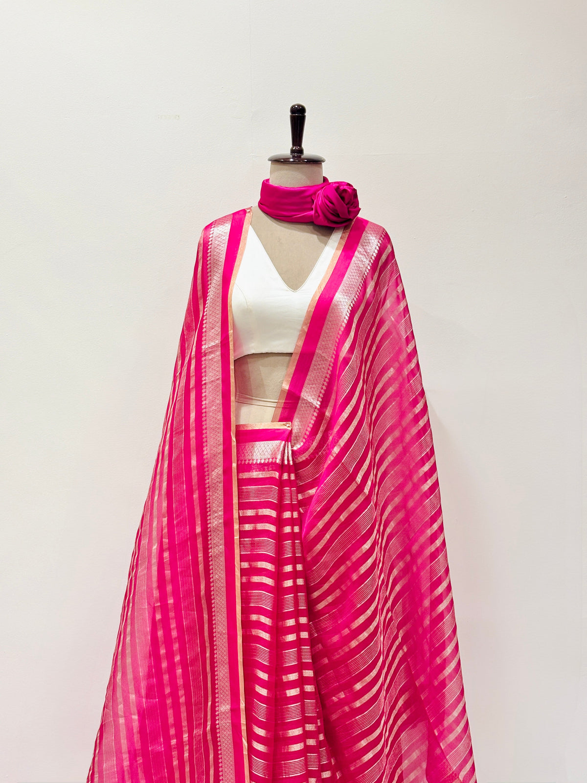 Fuchsia soft organza saree with zari stripes