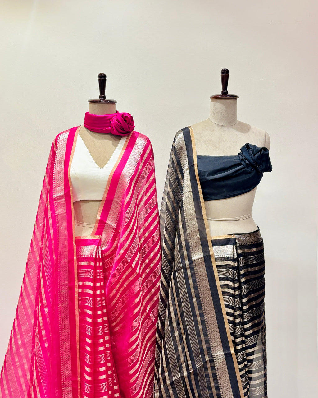Fuchsia and black soft organza sarees