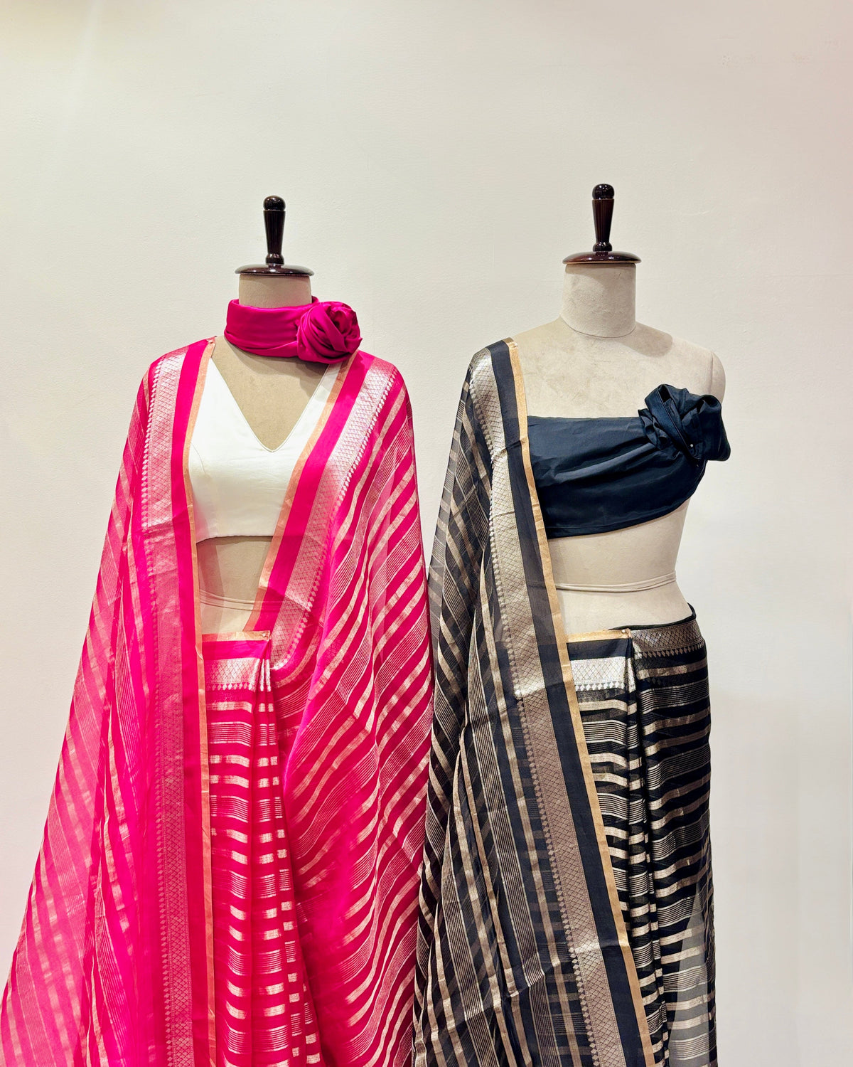 Fuchsia and black soft organza sarees
