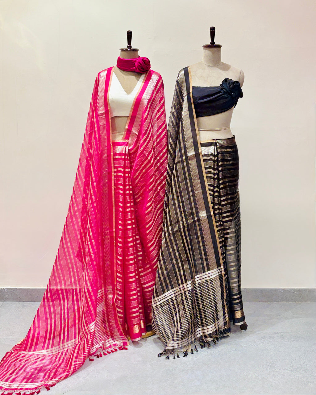 Fuchsia and black soft organza sarees detail