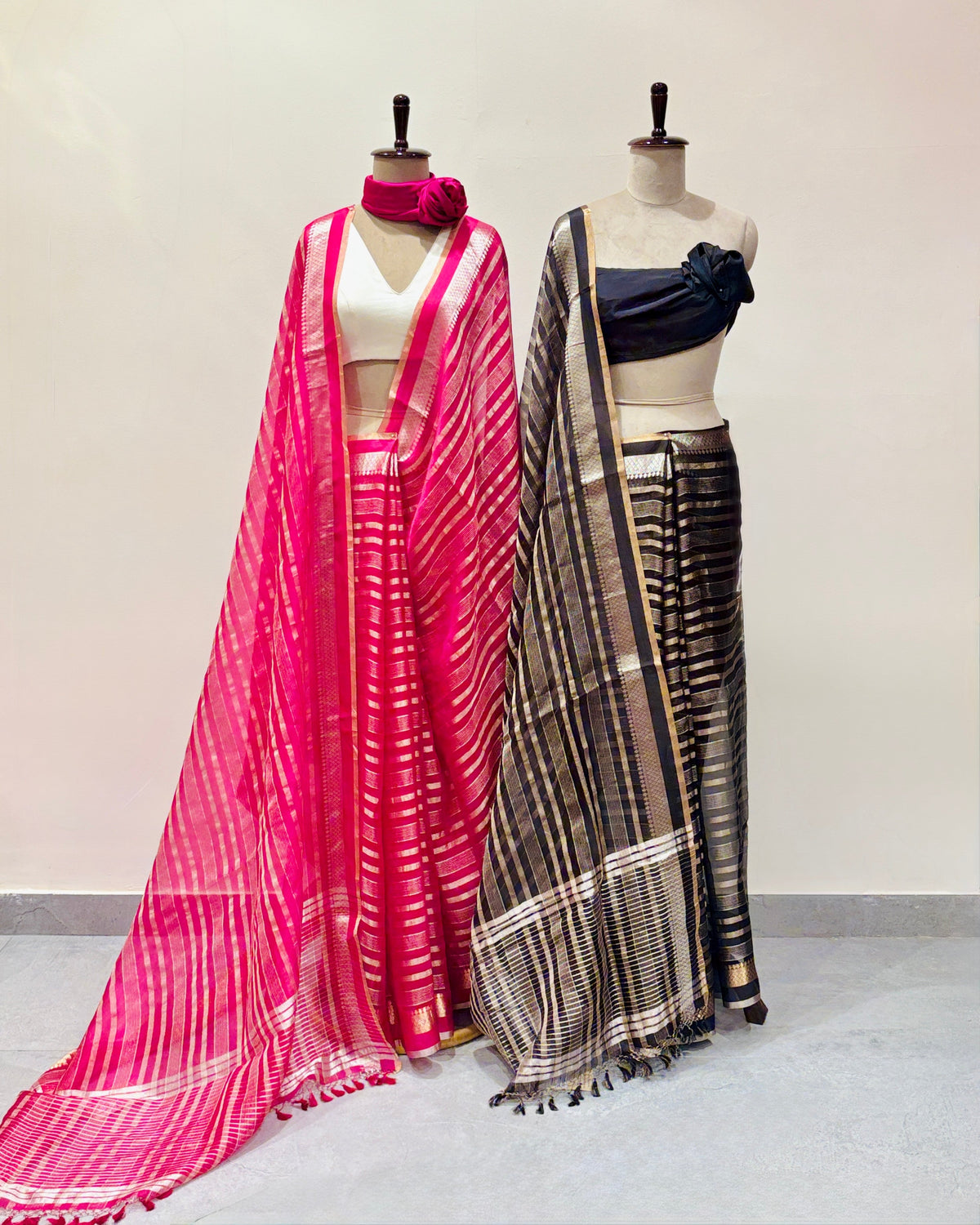 Fuchsia and black soft organza sarees detail