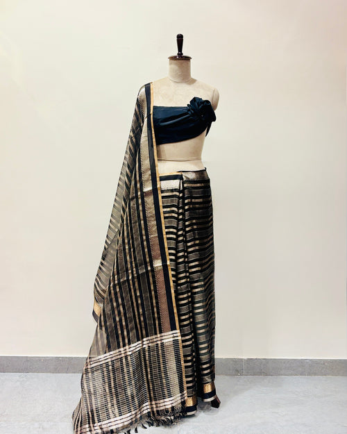 Black soft organza saree with zari stripes