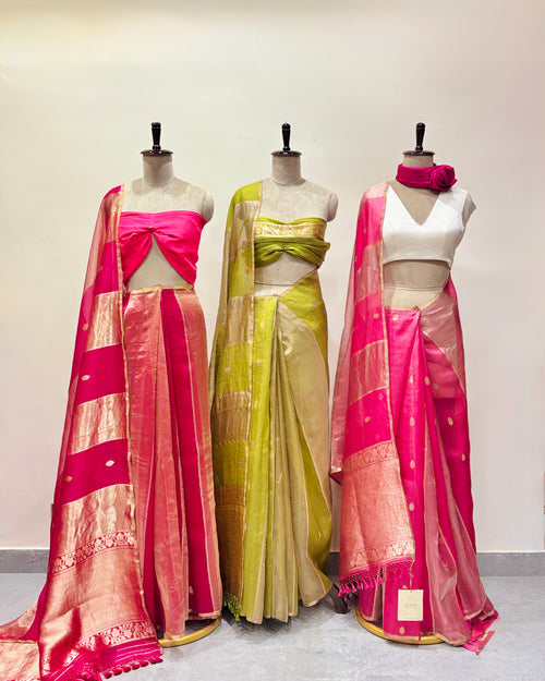 Banarasi handwoven fuschia tissue organza saree